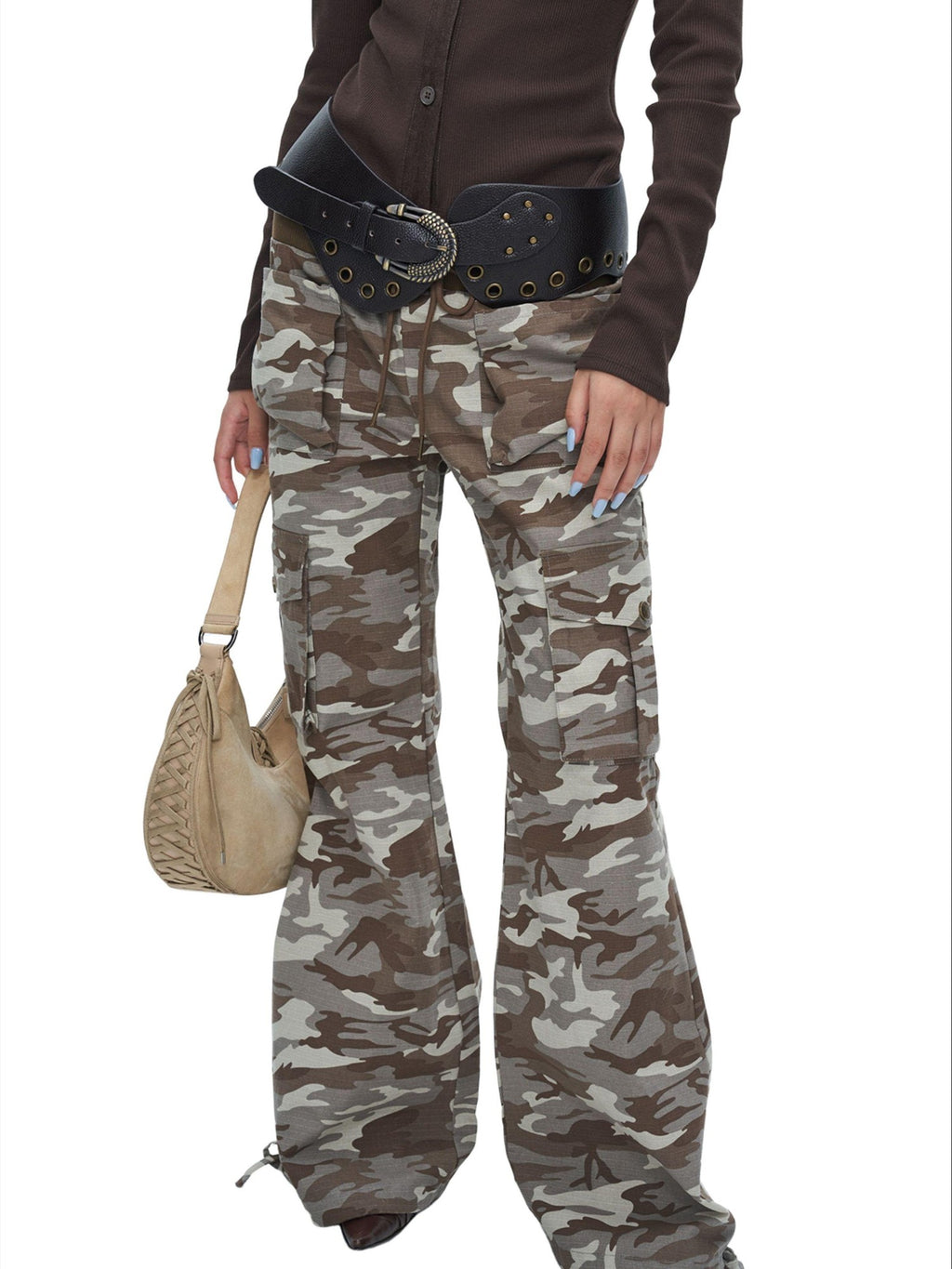 NextPassport MOF Camo Low Rise Ribbed Waist Micro Flare Women's Cotton Bootcut Pants