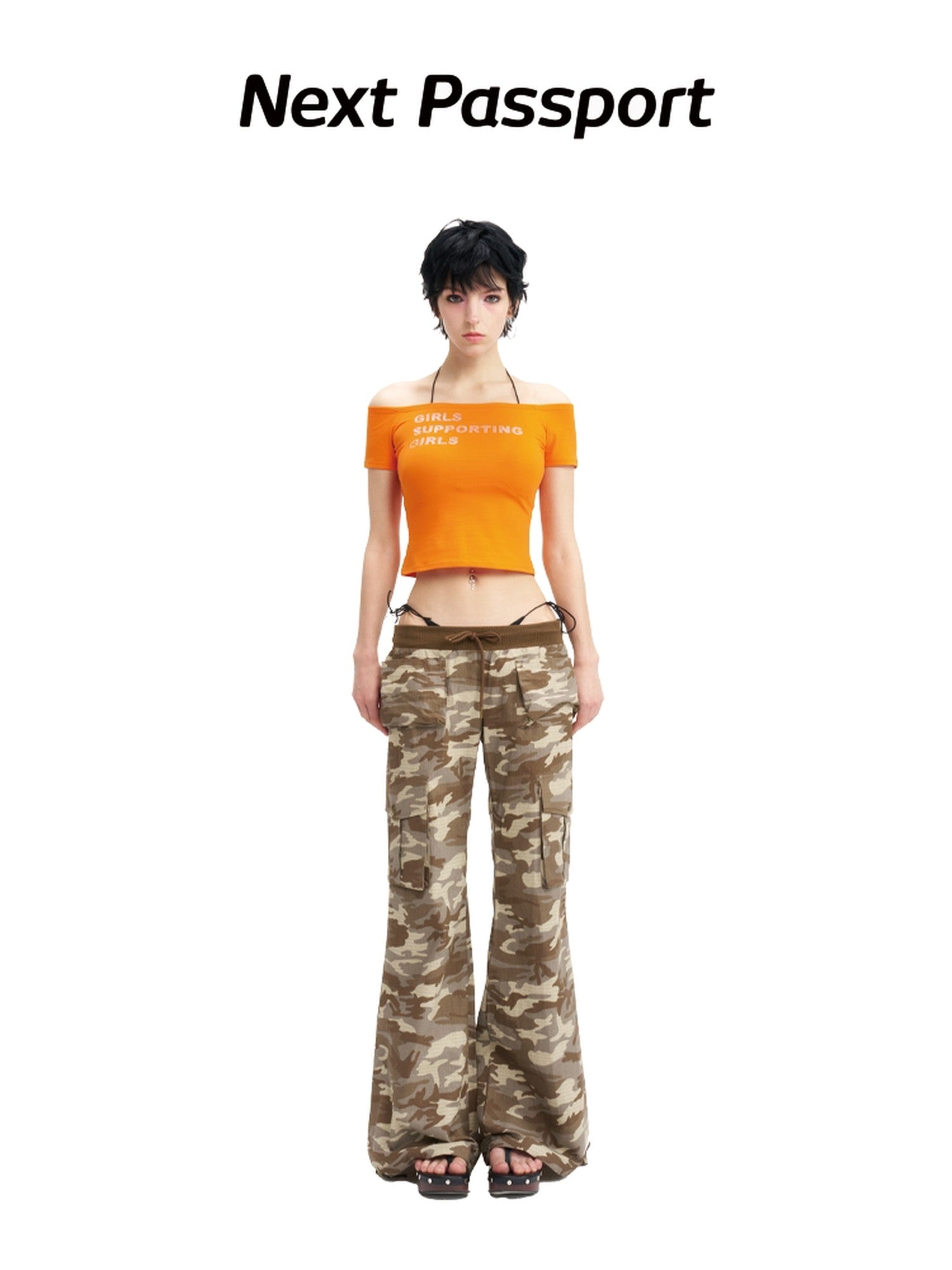 NextPassport MOF Camo Ribbed Waistband Low Rise Retro Slim Women's Cotton Flare Pants
