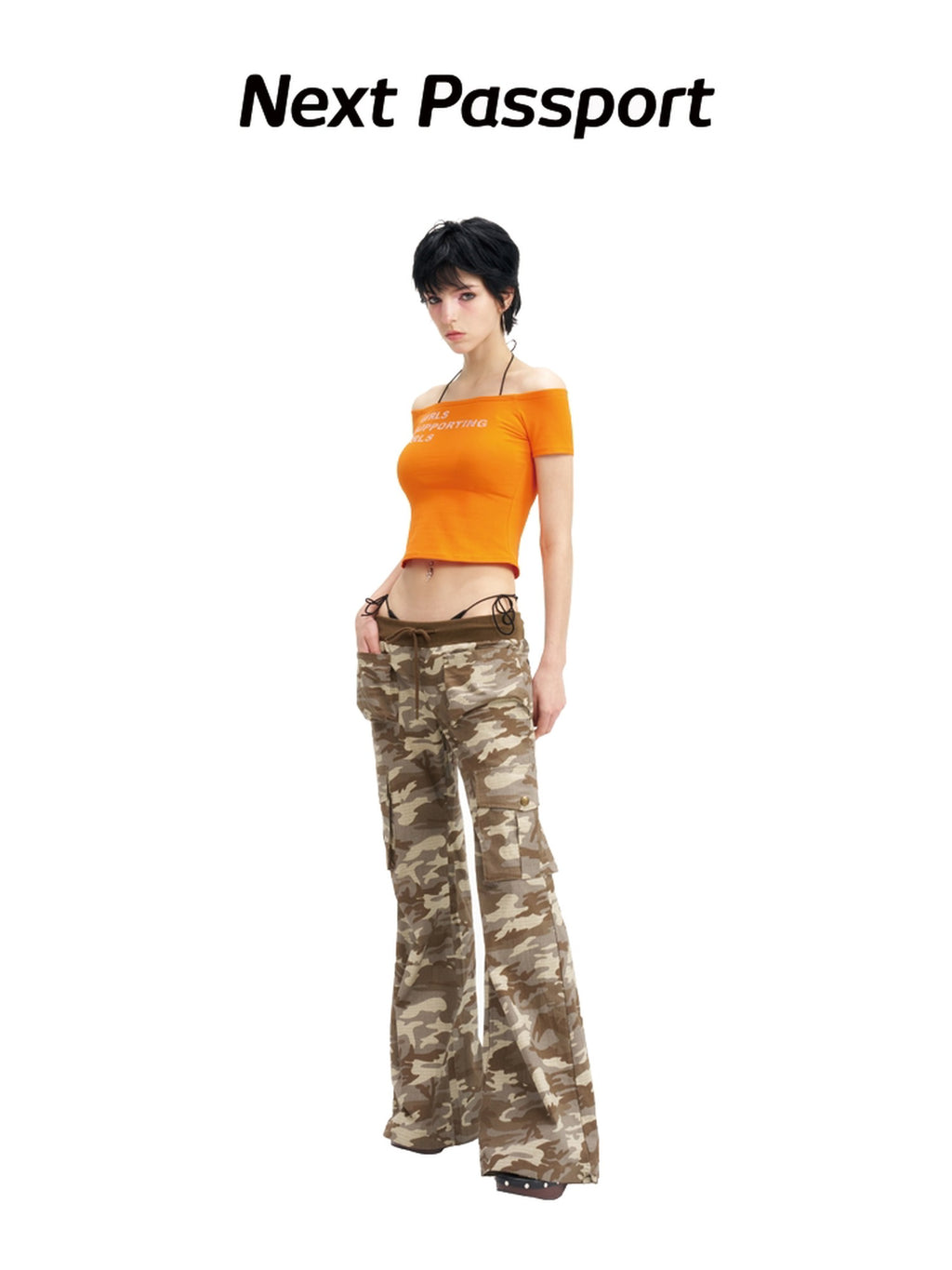 NextPassport MOF Camo Ribbed Waistband Low Rise Retro Slim Women's Cotton Flare Pants