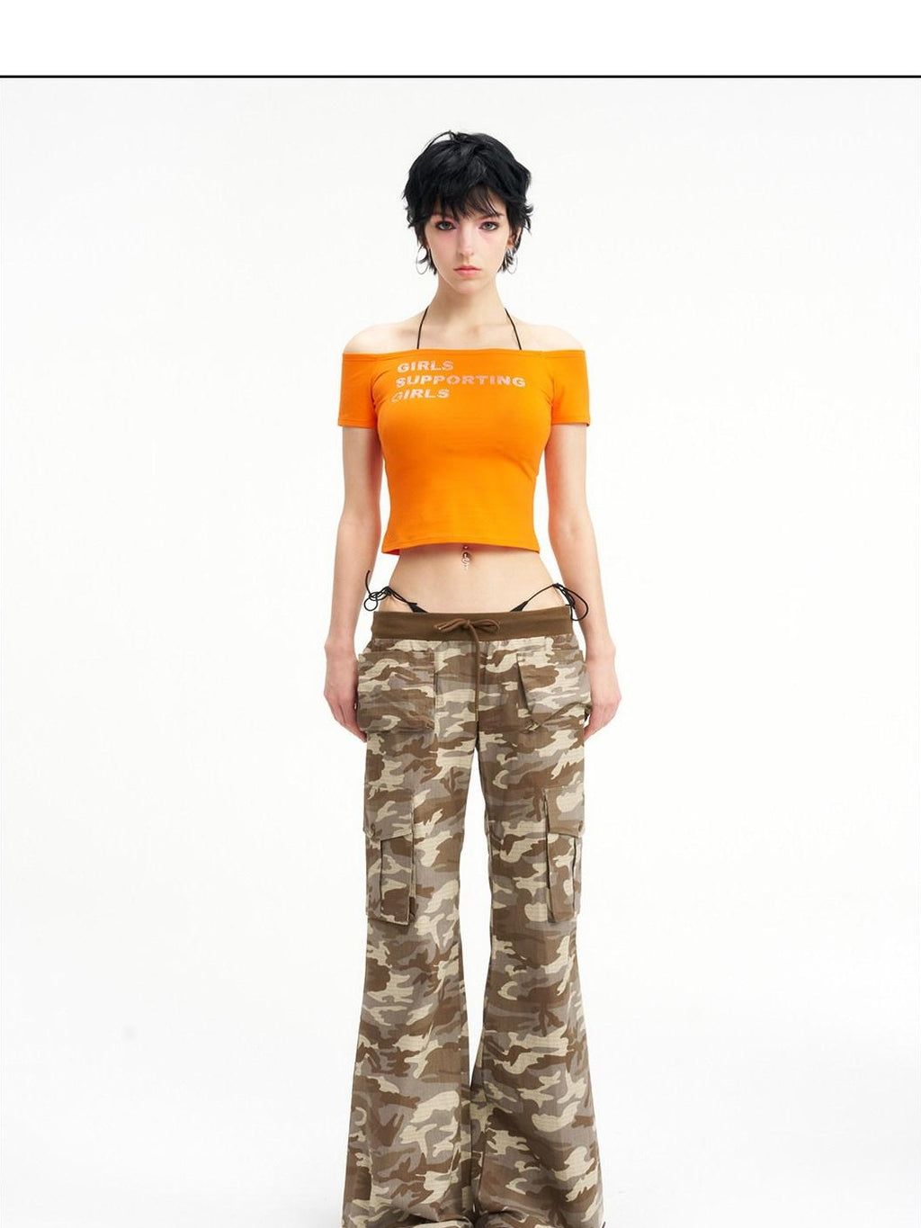 NextPassport MOF Camo Ribbed Waistband Low Rise Retro Slim Women's Cotton Flare Pants