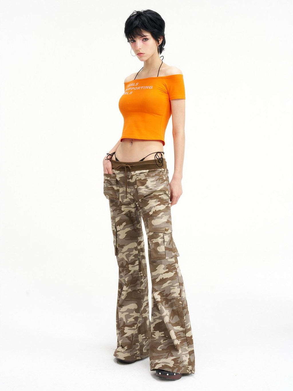 NextPassport MOF Camo Ribbed Waistband Low Rise Retro Slim Women's Cotton Flare Pants
