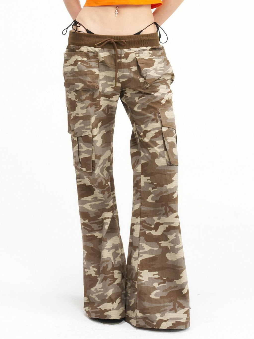 NextPassport MOF Camo Ribbed Waistband Low Rise Retro Slim Women's Cotton Flare Pants
