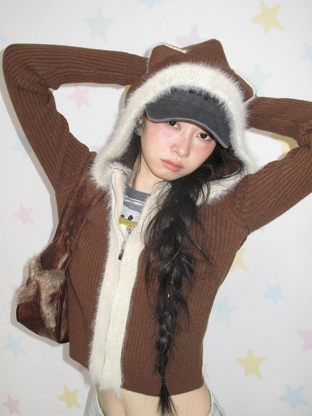 NextPassport MOF Cat Ear Hooded Zipper Animal Pattern Women's Knitwear Cardigans