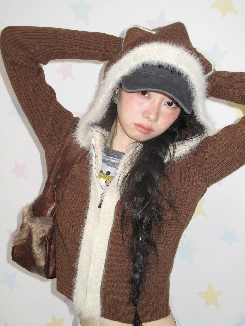 NextPassport MOF Cat Ear Hooded Zipper Animal Pattern Women's Knitwear Cardigans