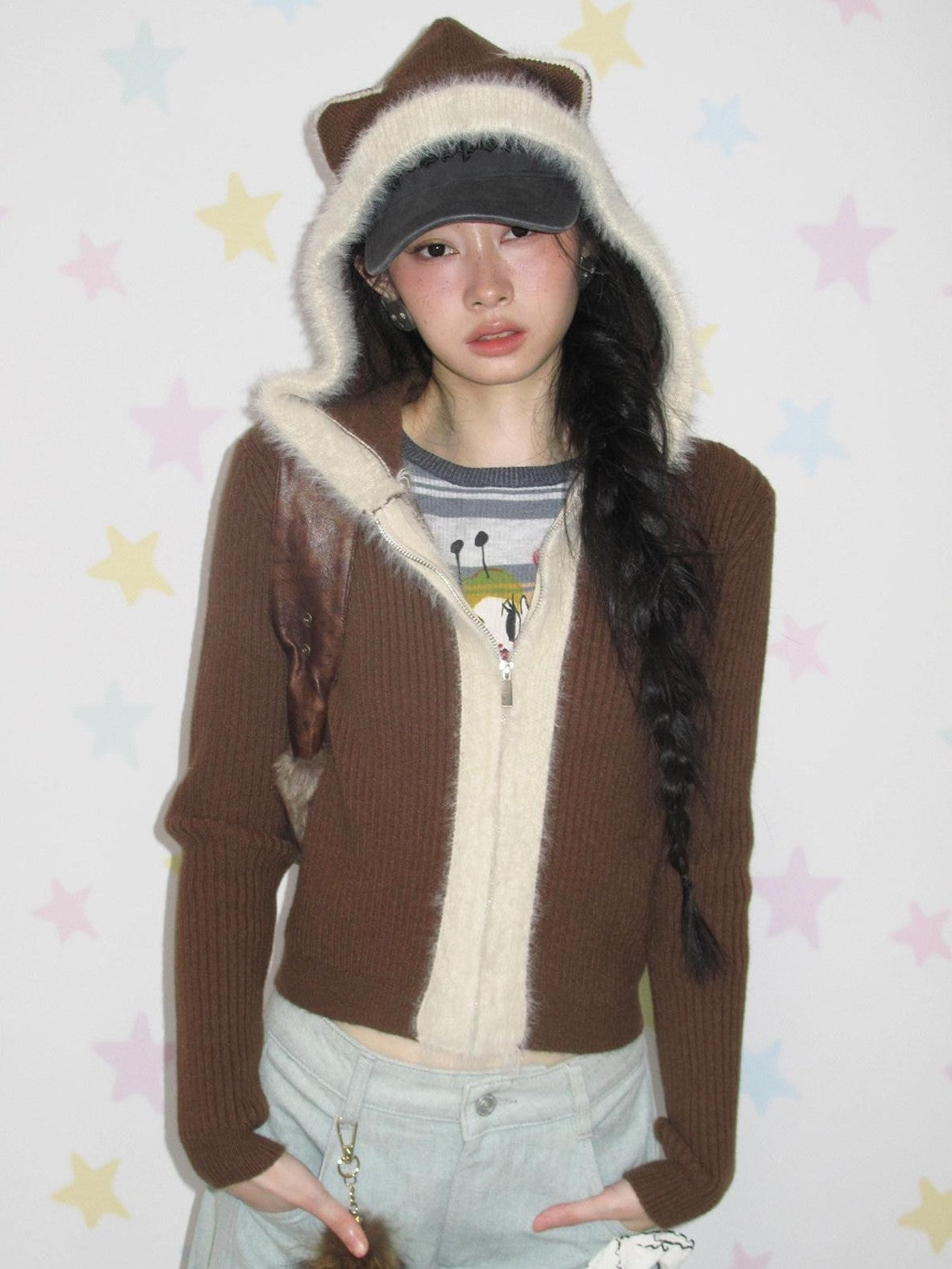 NextPassport MOF Cat Ear Hooded Zipper Animal Pattern Women's Knitwear Cardigans
