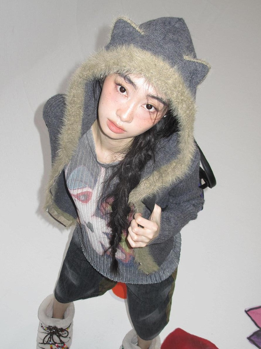 NextPassport MOF Cat Ear Hooded Zipper Animal Pattern Women's Knitwear Cardigans