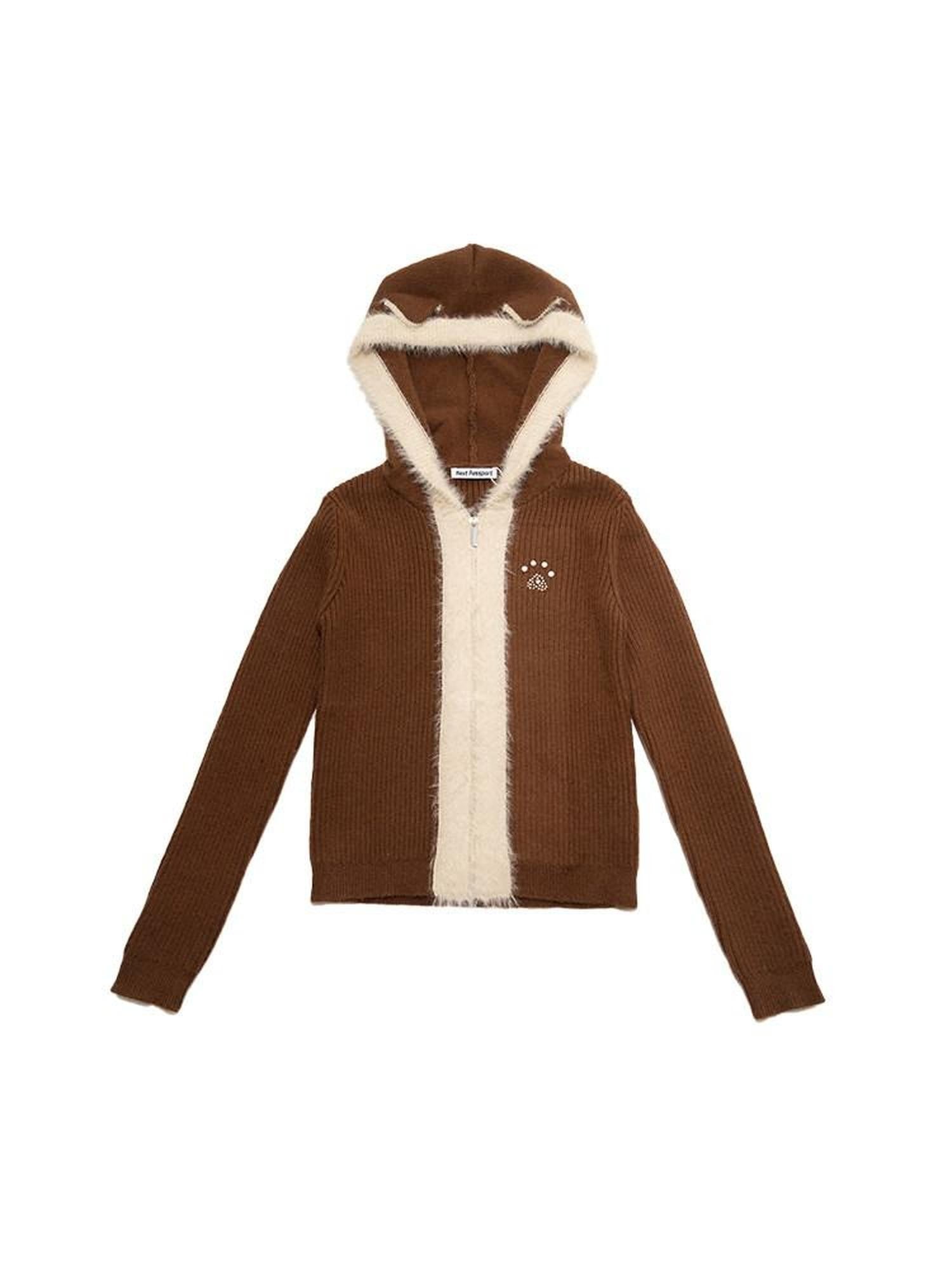 NextPassport MOF Cat Ear Hooded Zipper Animal Pattern Women's Knitwear Cardigans