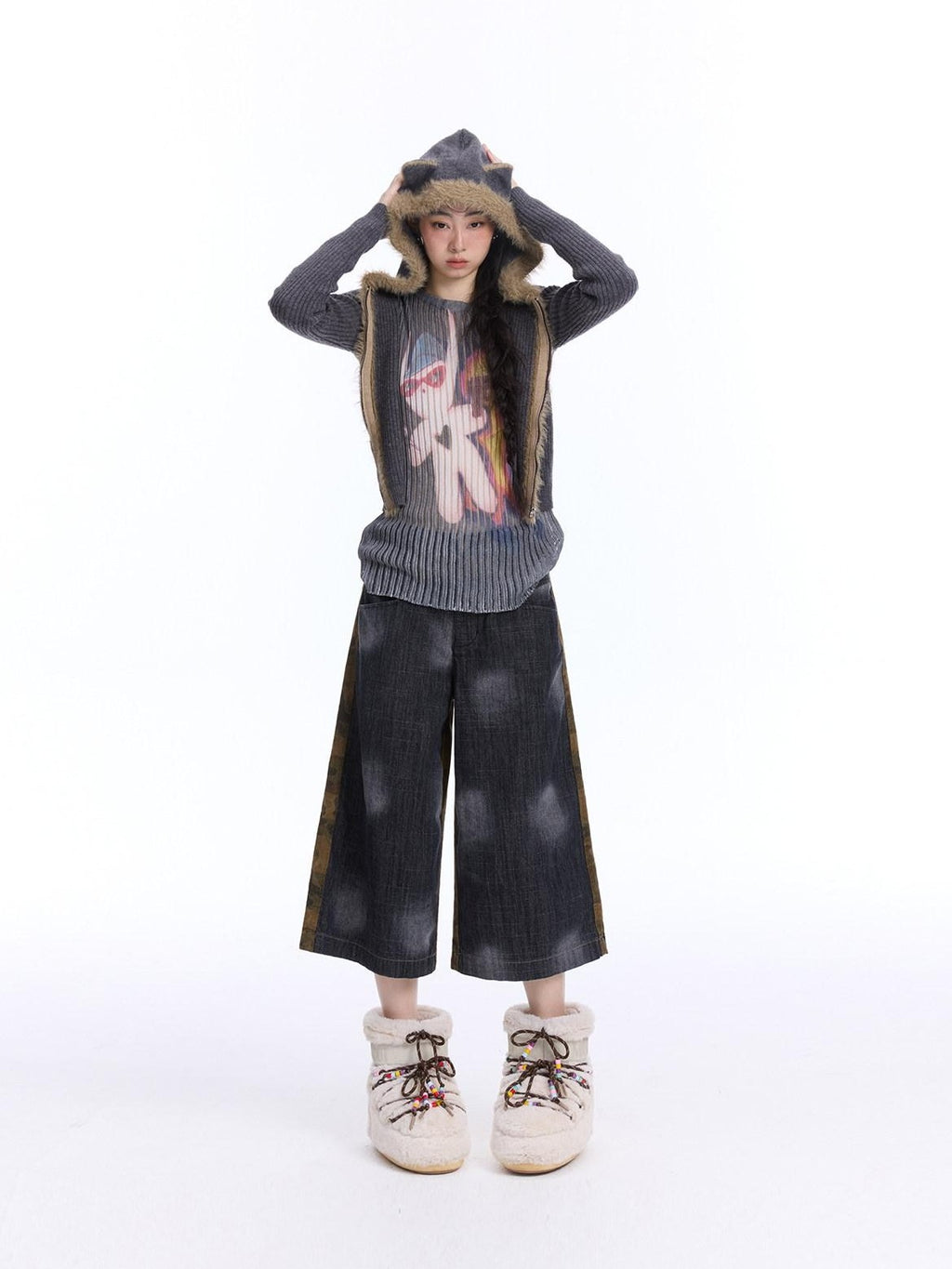 NextPassport MOF Cat Ear Hooded Zipper Animal Pattern Women's Knitwear Cardigans