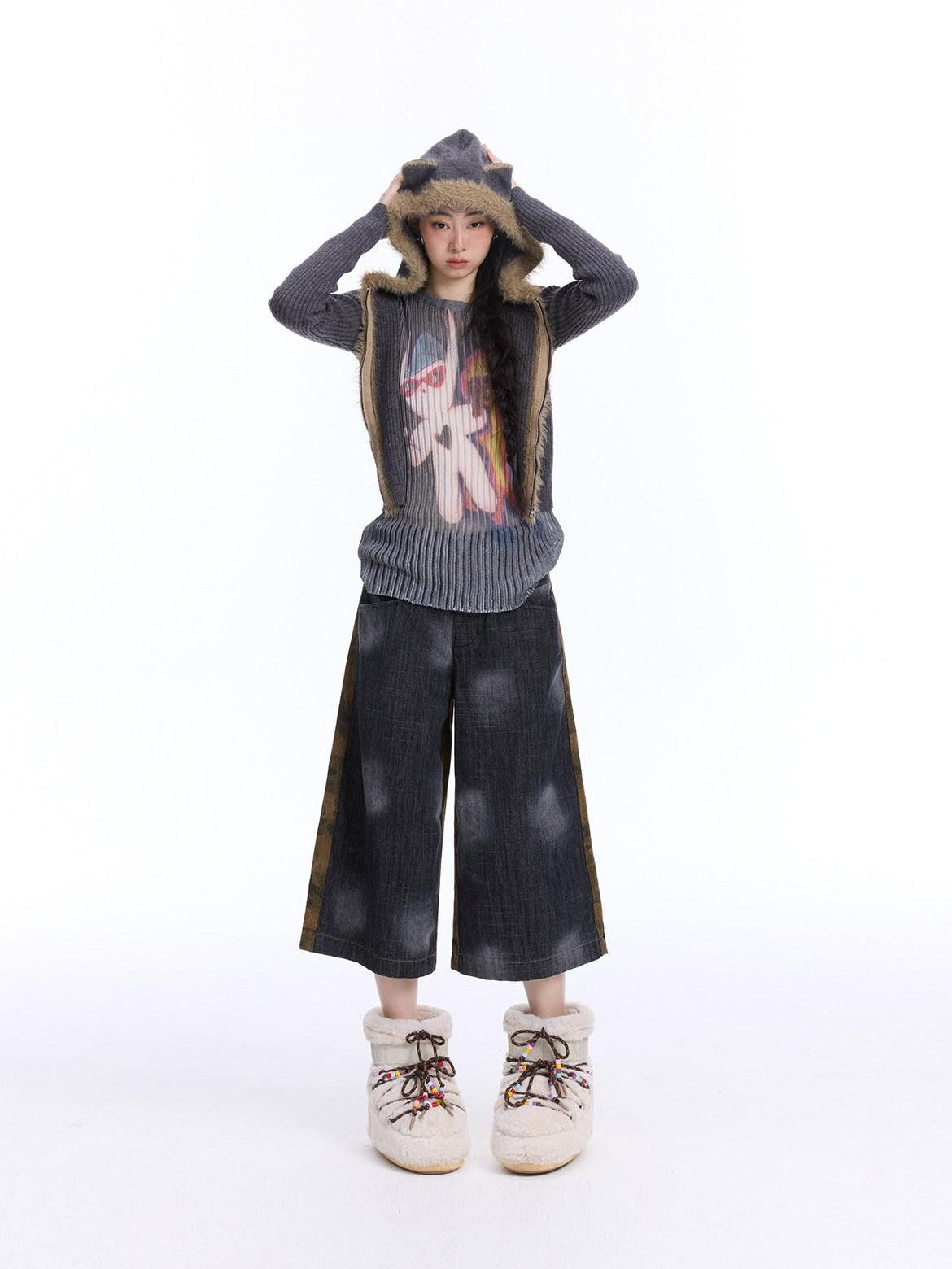 NextPassport MOF Cat Ear Hooded Zipper Animal Pattern Women's Knitwear Cardigans