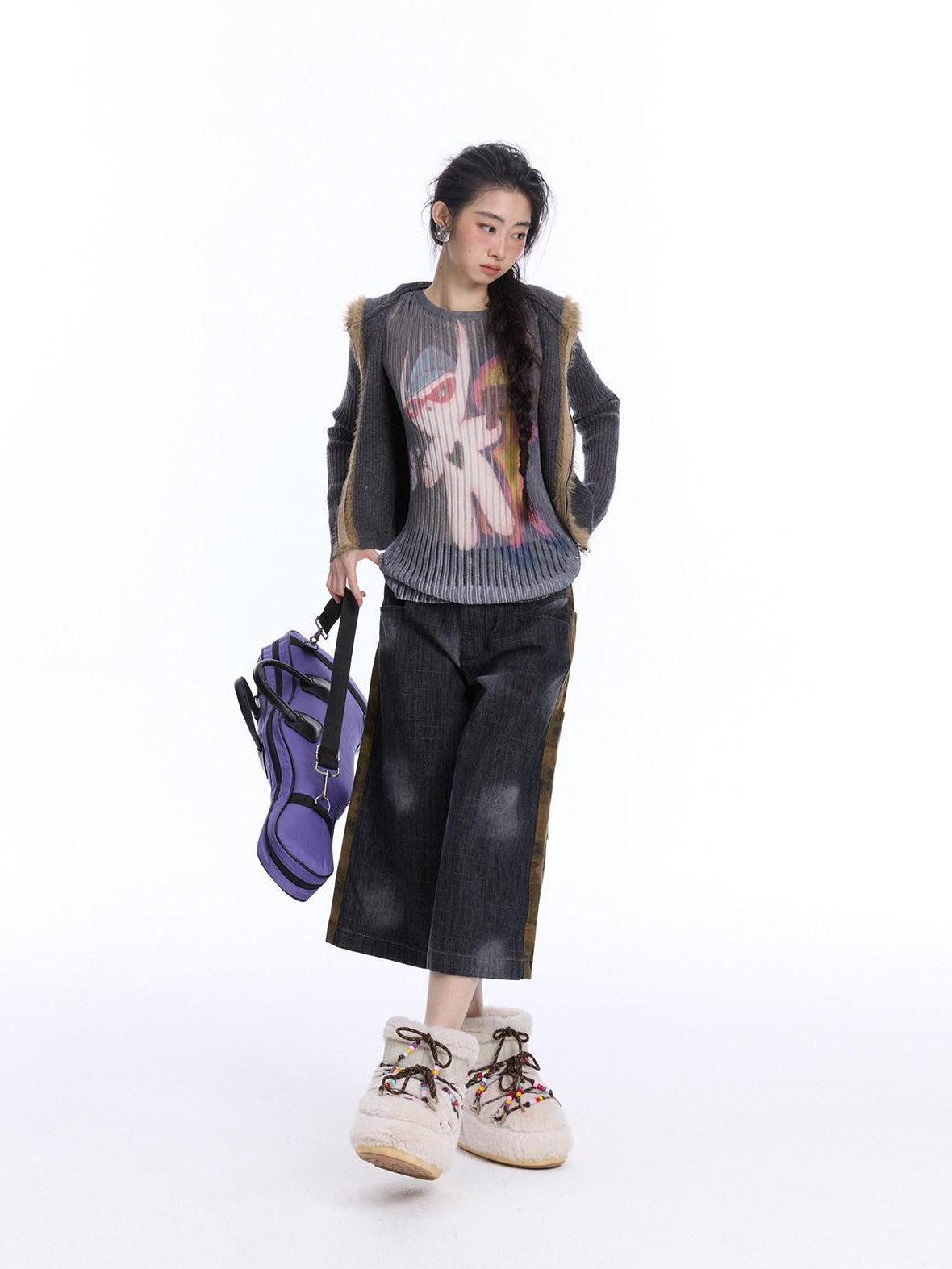 NextPassport MOF Cat Ear Hooded Zipper Animal Pattern Women's Knitwear Cardigans
