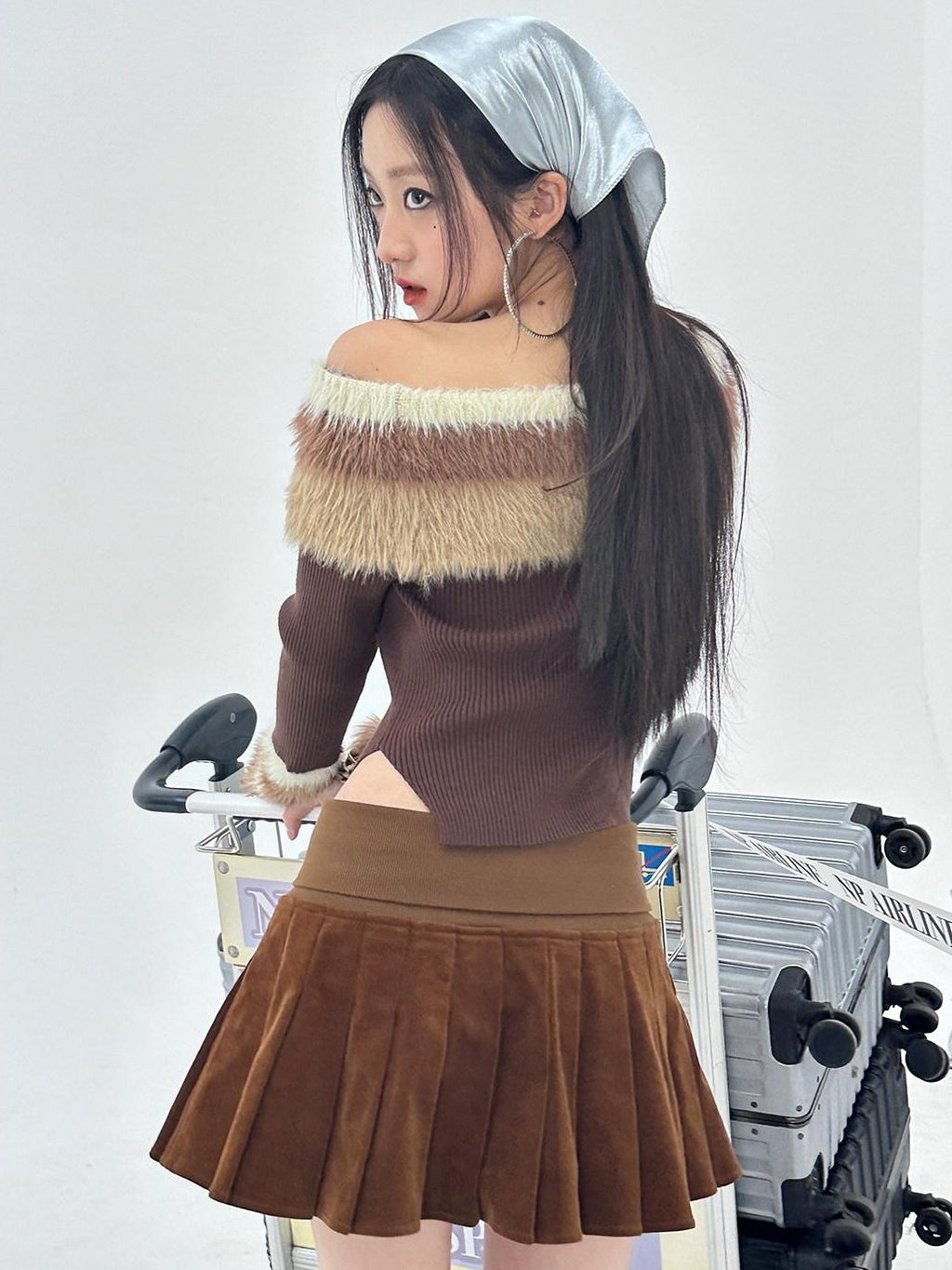 NextPassport MOF Chocolate Wide Ribbed Waist Corduroy Pleated Women's Cotton Blend Mini Skirts