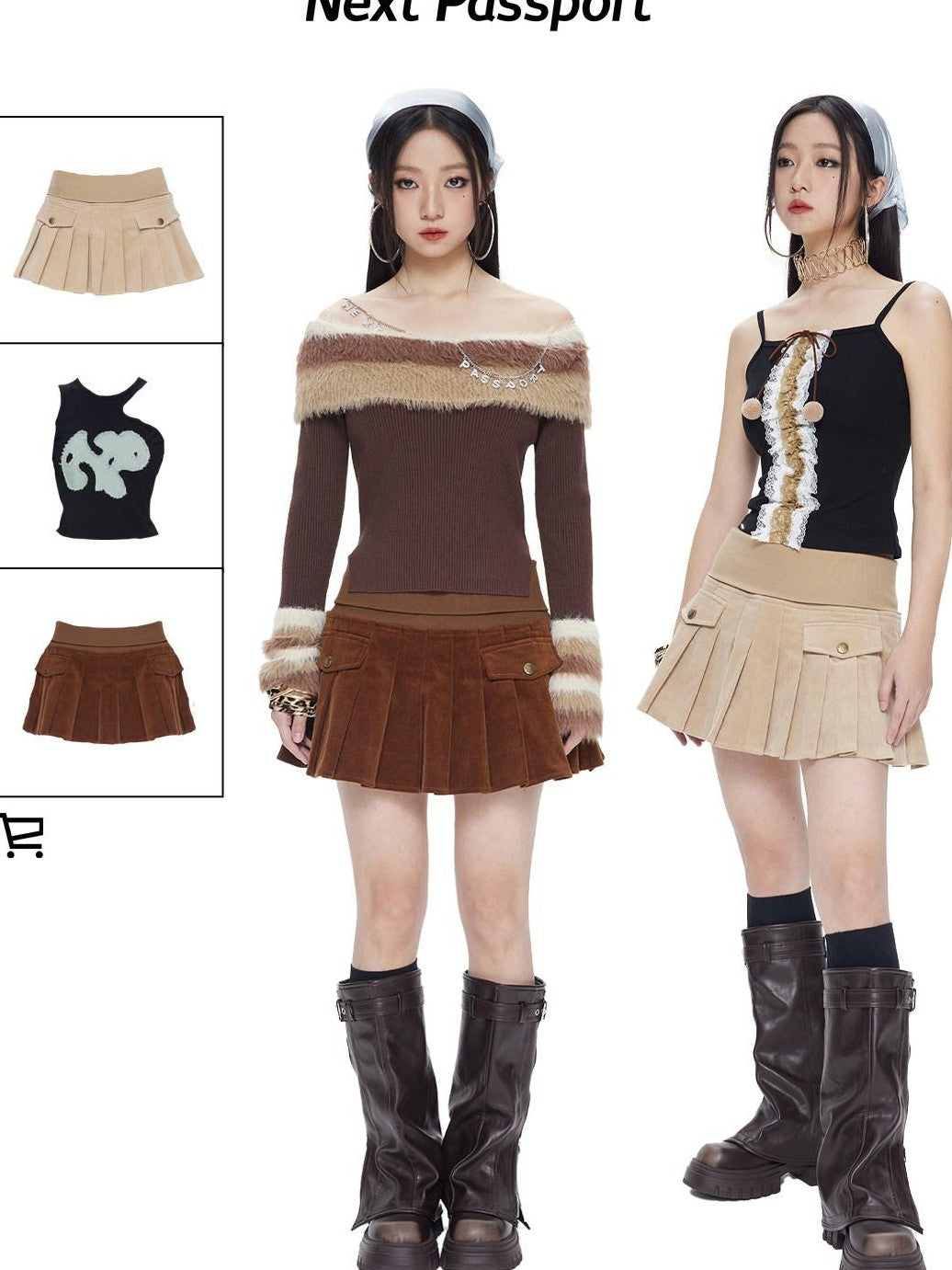 NextPassport MOF Chocolate Wide Ribbed Waist Corduroy Pleated Women's Cotton Blend Mini Skirts