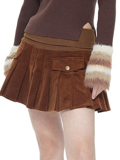 NextPassport MOF Chocolate Wide Ribbed Waist Corduroy Pleated Women's Cotton Blend Mini Skirts