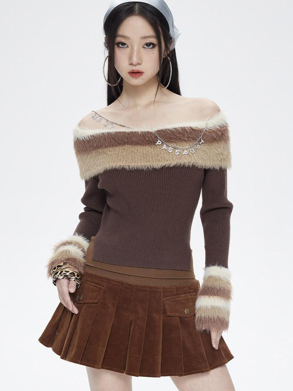 NextPassport MOF Chocolate Wide Ribbed Waist Corduroy Pleated Women's Cotton Blend Mini Skirts