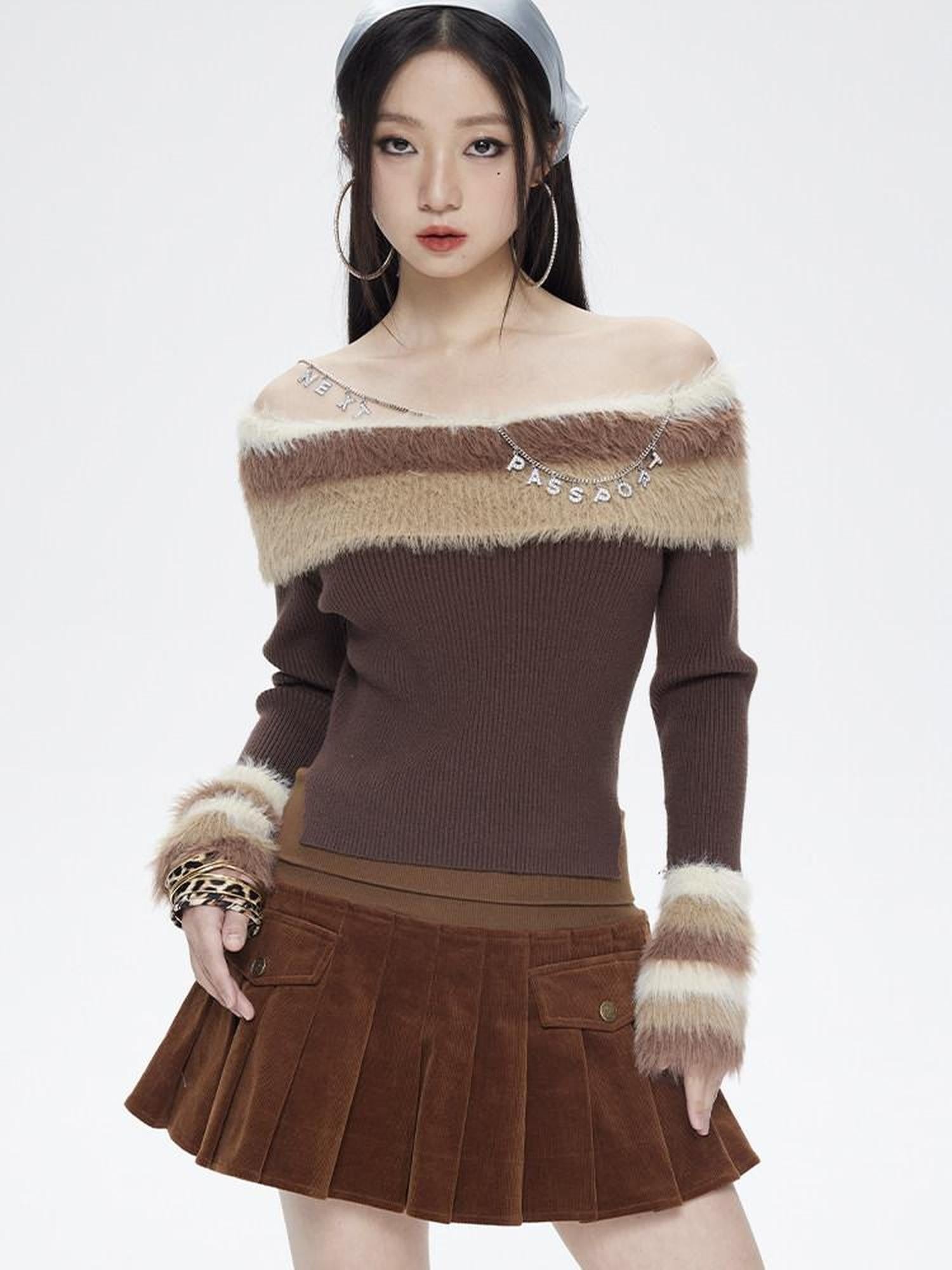 NextPassport MOF Chocolate Wide Ribbed Waist Corduroy Pleated Women's Cotton Blend Mini Skirts