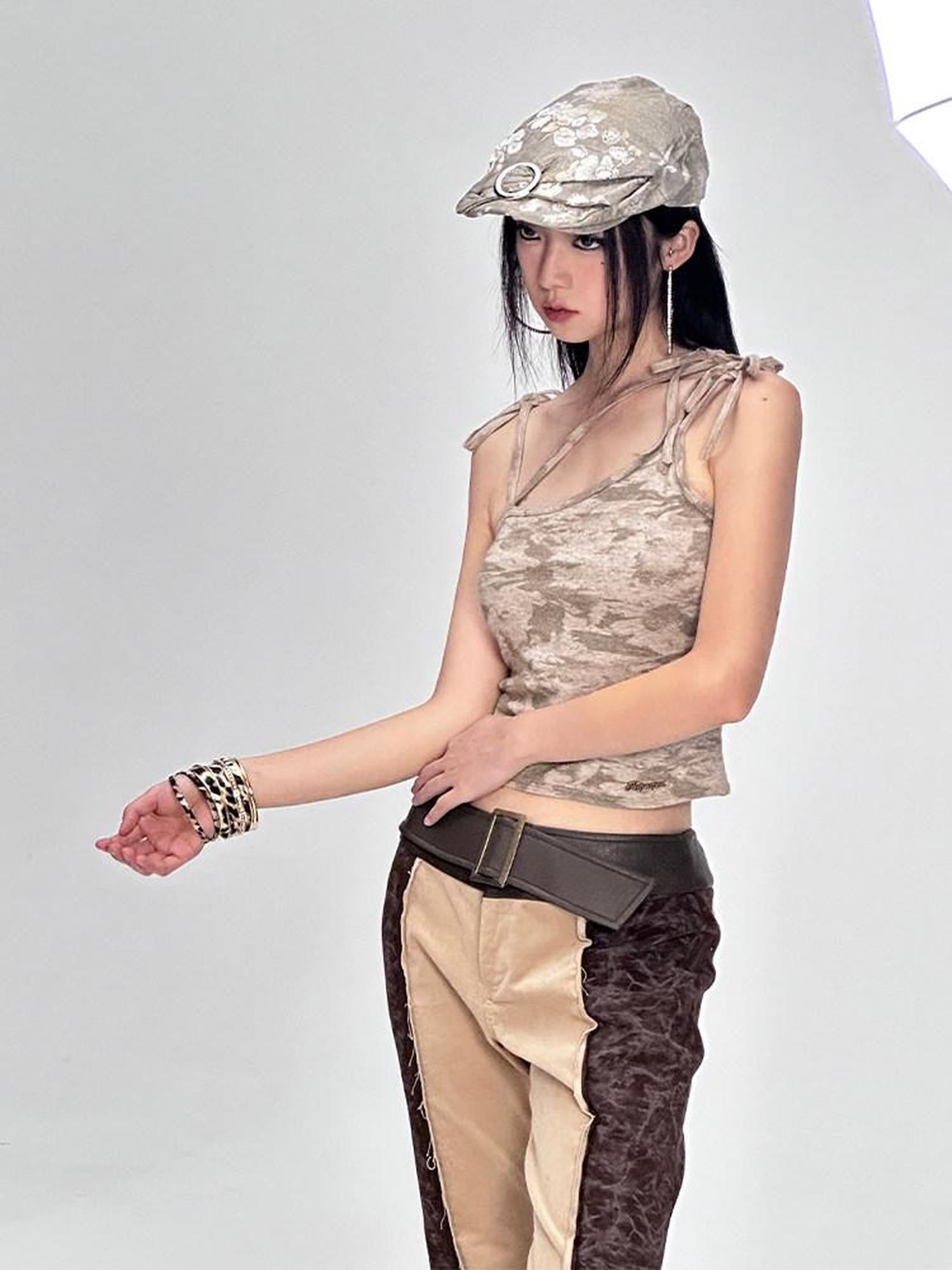 NextPassport MOF Colorblock Bark Print Asymmetric Straps Women's Viscose Nylon Blend Camisoles