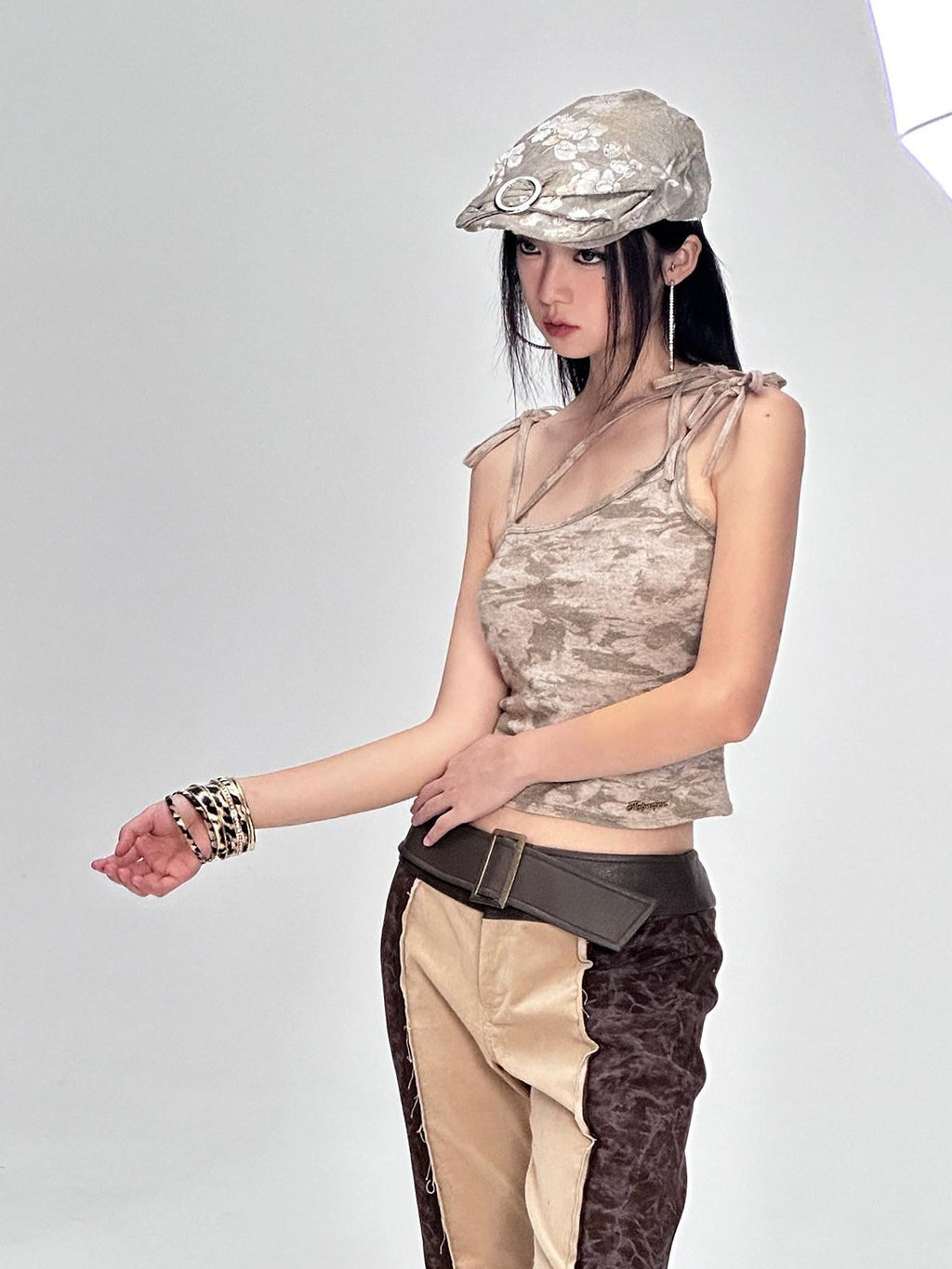 NextPassport MOF Colorblock Bark Print Asymmetric Straps Women's Viscose Nylon Blend Camisoles