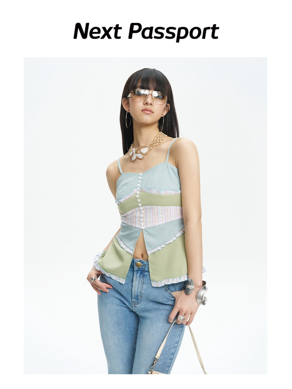 NextPassport MOF Colorblock Button Front Fishtail Hem Slim Fit Women's Other Material Camisoles