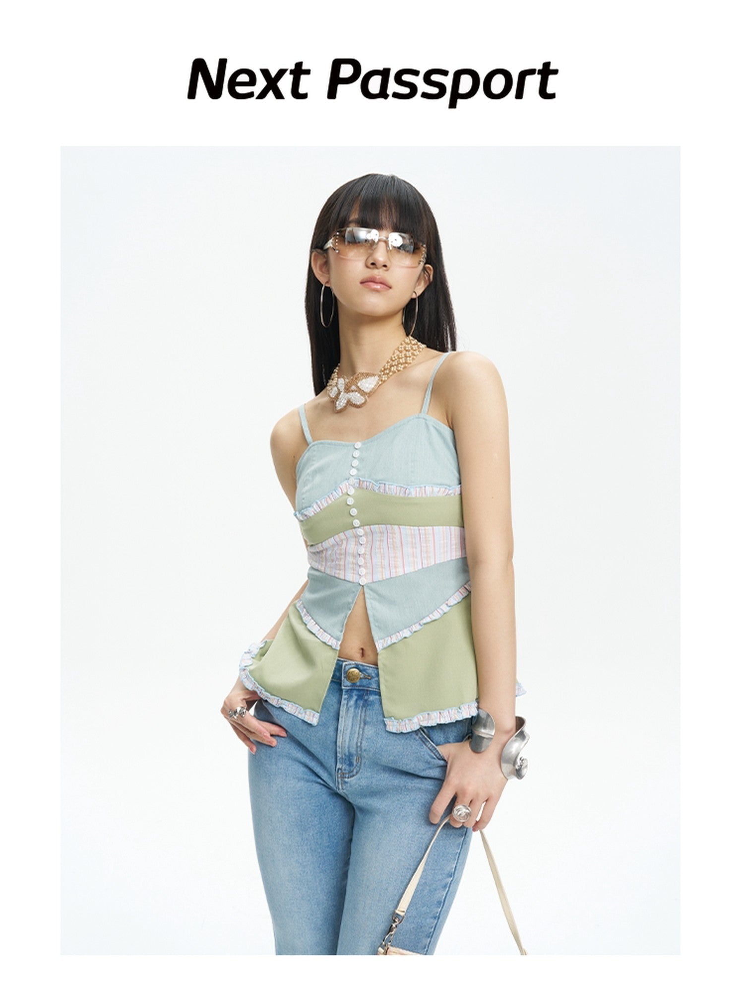NextPassport MOF Colorblock Button Front Fishtail Hem Slim Fit Women's Other Material Camisoles