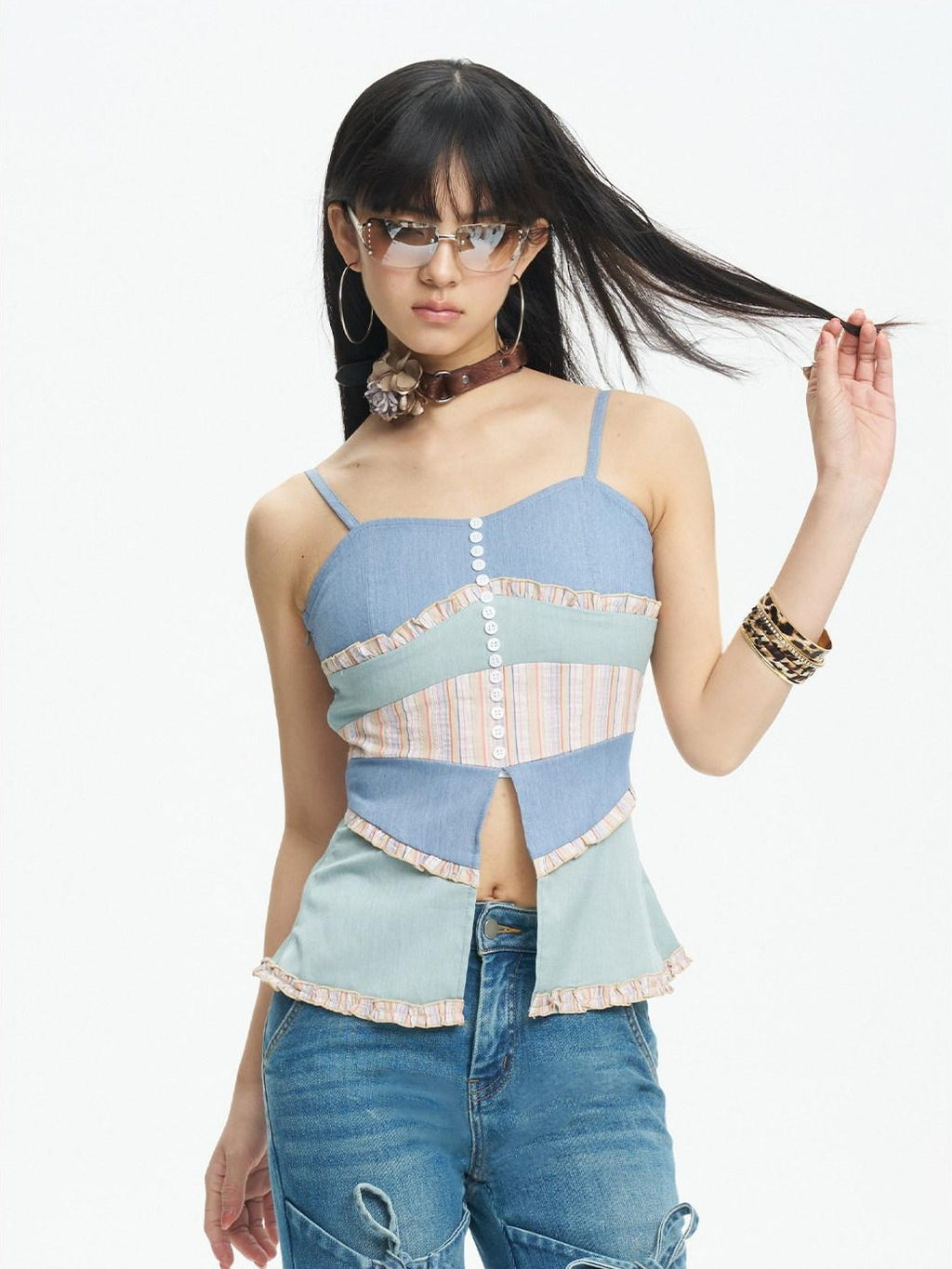 NextPassport MOF Colorblock Button Front Fishtail Hem Slim Fit Women's Other Material Camisoles