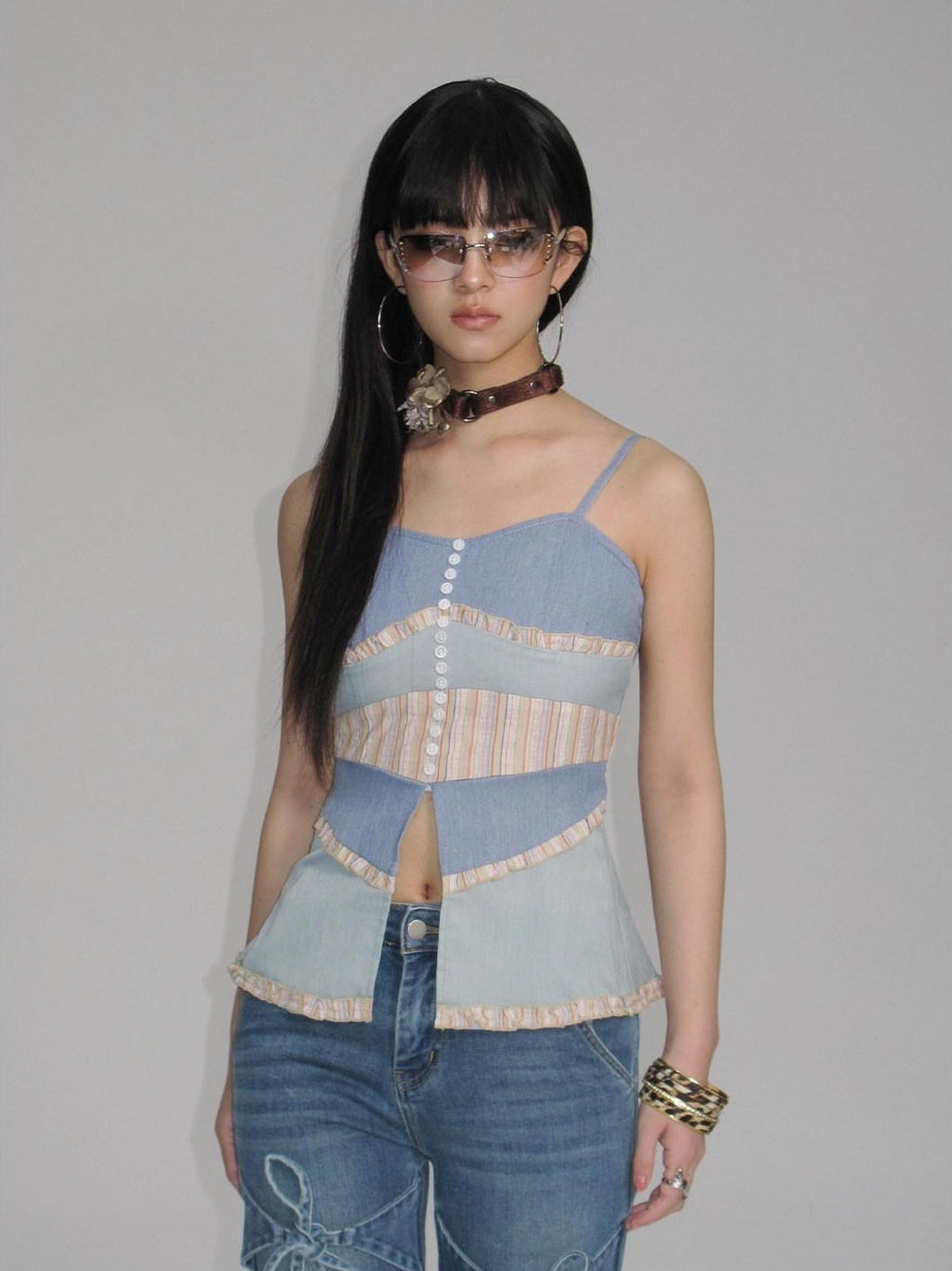 NextPassport MOF Colorblock Button Front Fishtail Hem Slim Fit Women's Other Material Camisoles