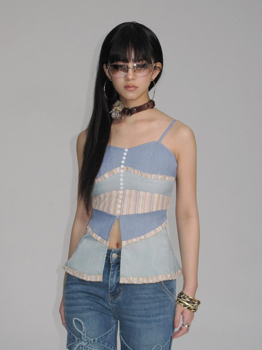 NextPassport MOF Colorblock Button Front Fishtail Hem Slim Fit Women's Other Material Camisoles