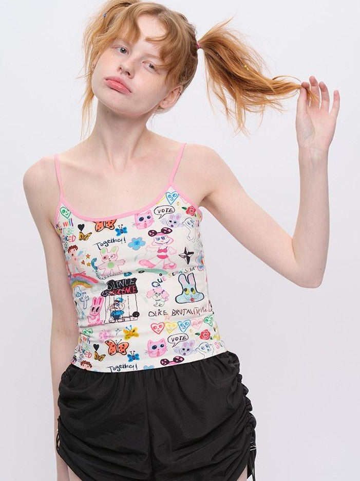 NextPassport MOF Cropped Graffiti Print Slim Fitted Women's Cotton Blend Camisoles