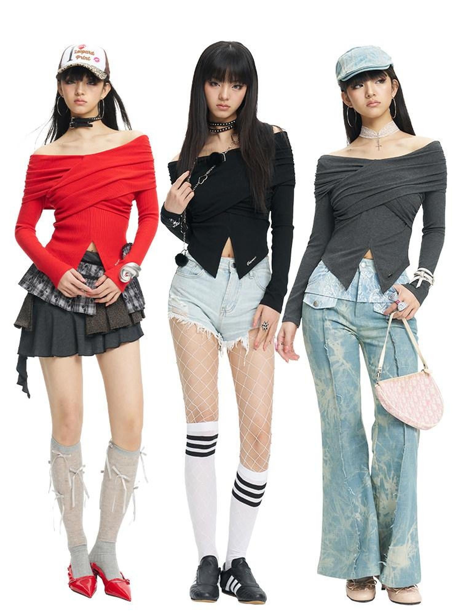 NextPassport MOF Cross Pleated One Shoulder V-neck Women's Long Sleeve T-shirts