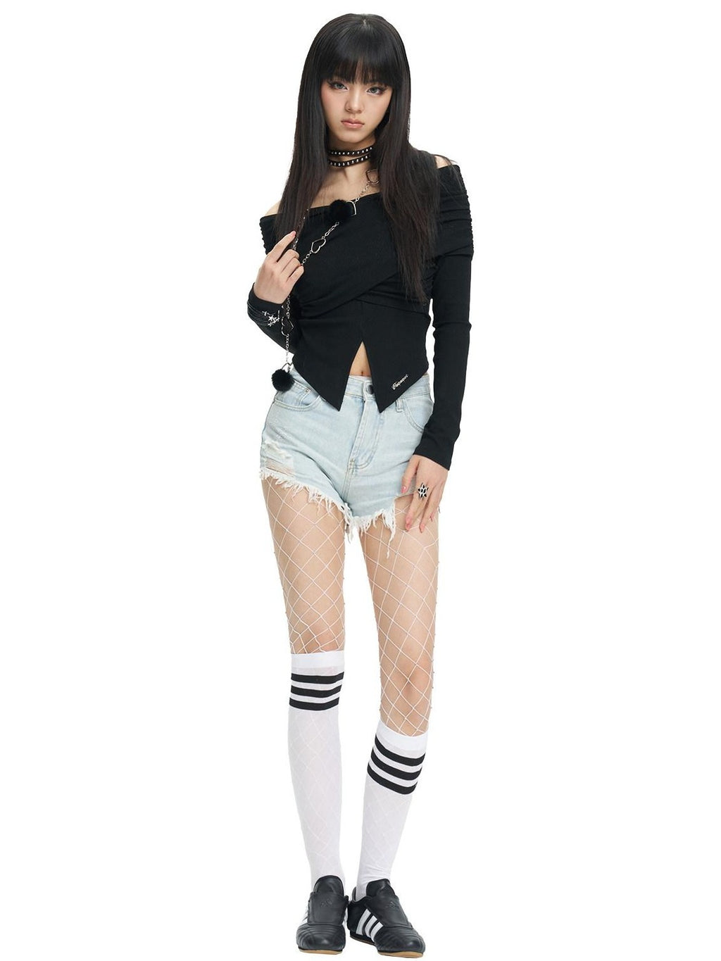 NextPassport MOF Cross Pleated One Shoulder V-neck Women's Long Sleeve T-shirts