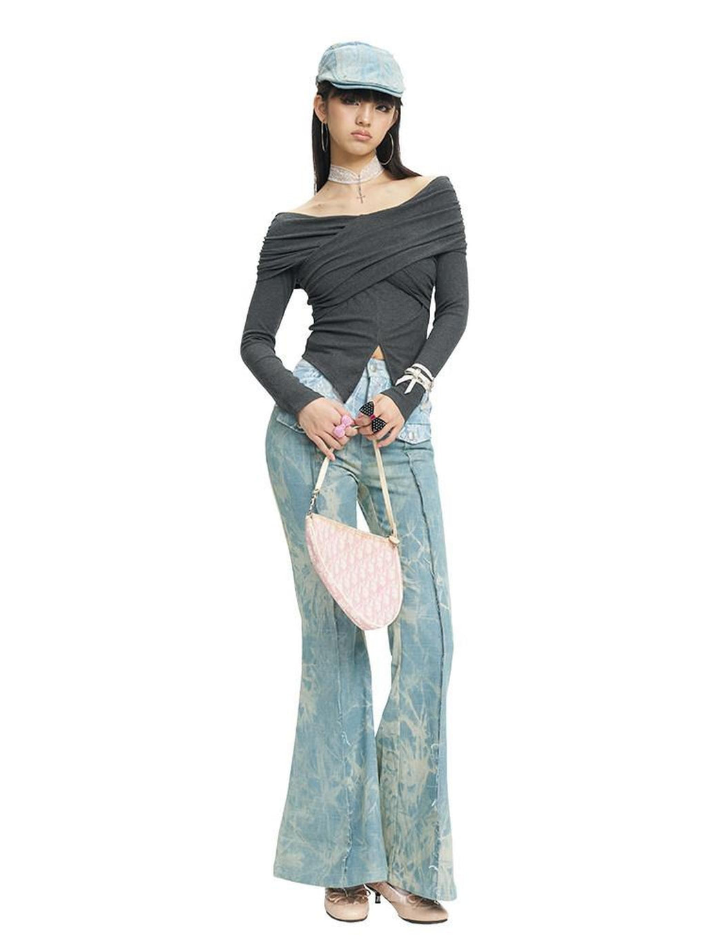 NextPassport MOF Cross Pleated One Shoulder V-neck Women's Long Sleeve T-shirts