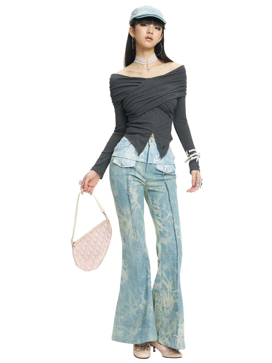 NextPassport MOF Cross Pleated One Shoulder V-neck Women's Long Sleeve T-shirts