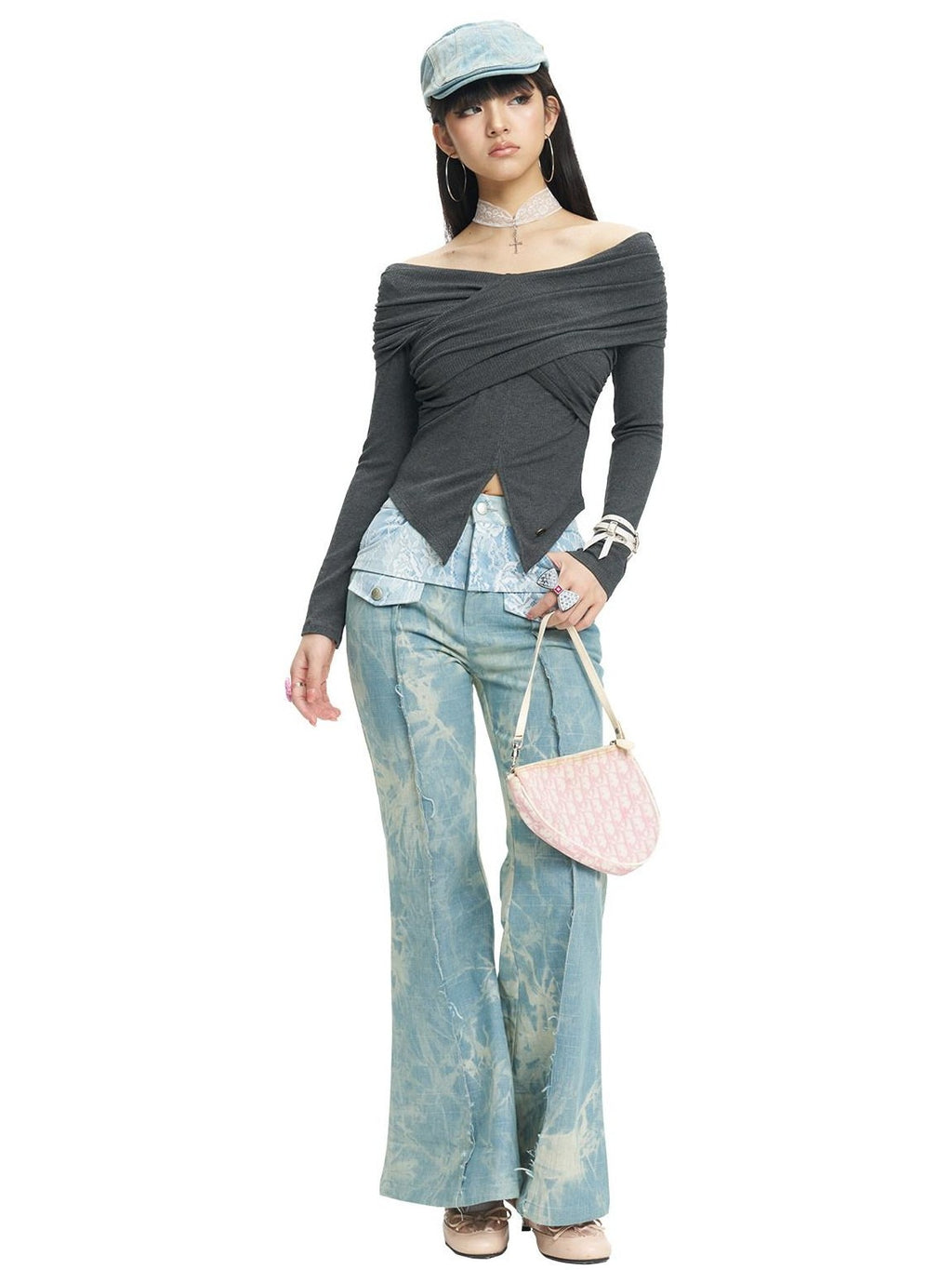 NextPassport MOF Cross Pleated One Shoulder V-neck Women's Long Sleeve T-shirts