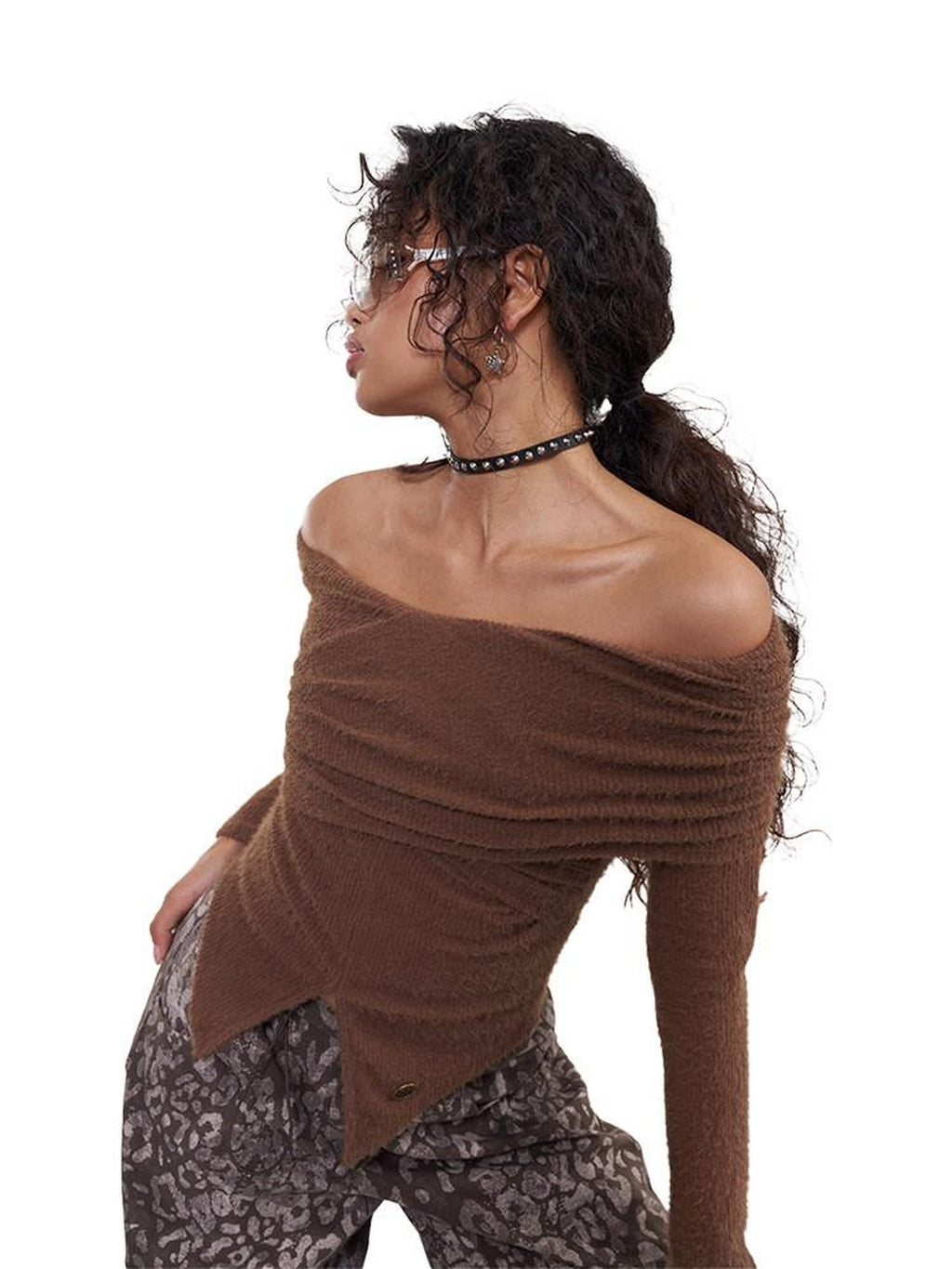 NextPassport MOF Deep Brown Cross Front Bardot Slim Fit Women's Other Fabric Long Sleeve T-shirts