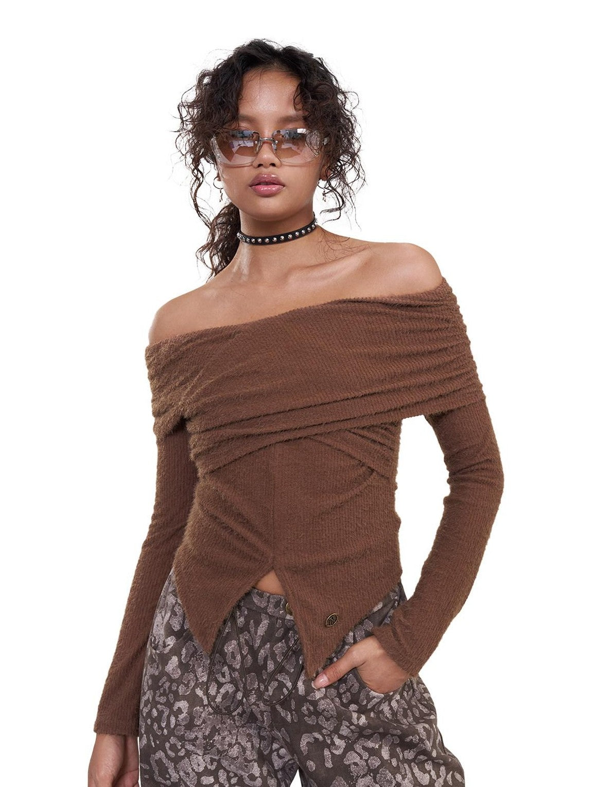 NextPassport MOF Deep Brown Cross Front Bardot Slim Fit Women's Other Fabric Long Sleeve T-shirts