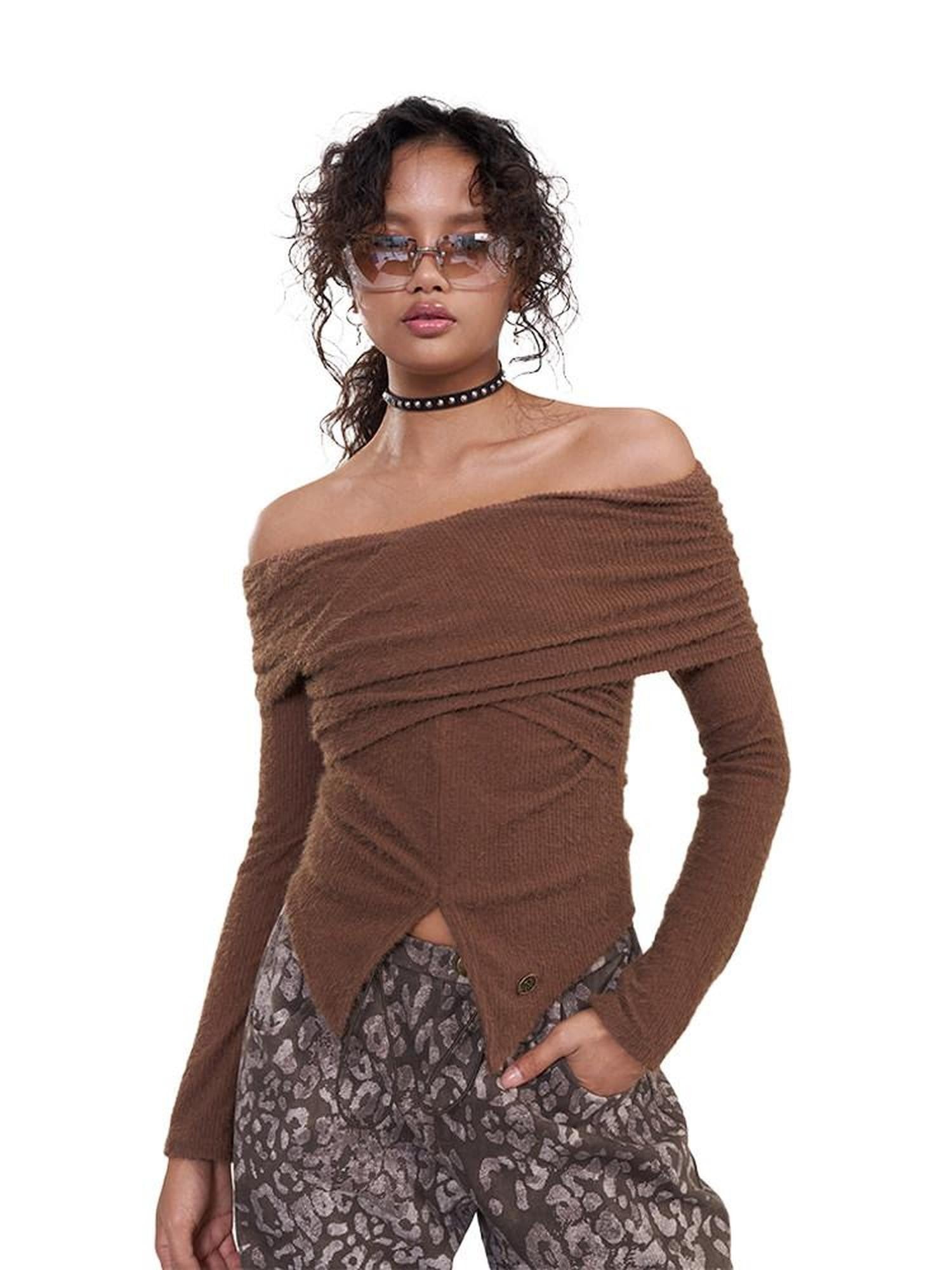 NextPassport MOF Deep Brown Cross Front Bardot Slim Fit Women's Other Fabric Long Sleeve T-shirts