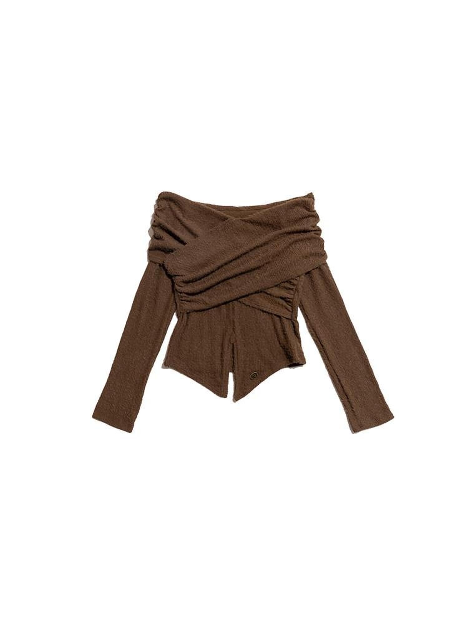 NextPassport MOF Deep Brown Cross Front Bardot Slim Fit Women's Other Fabric Long Sleeve T-shirts