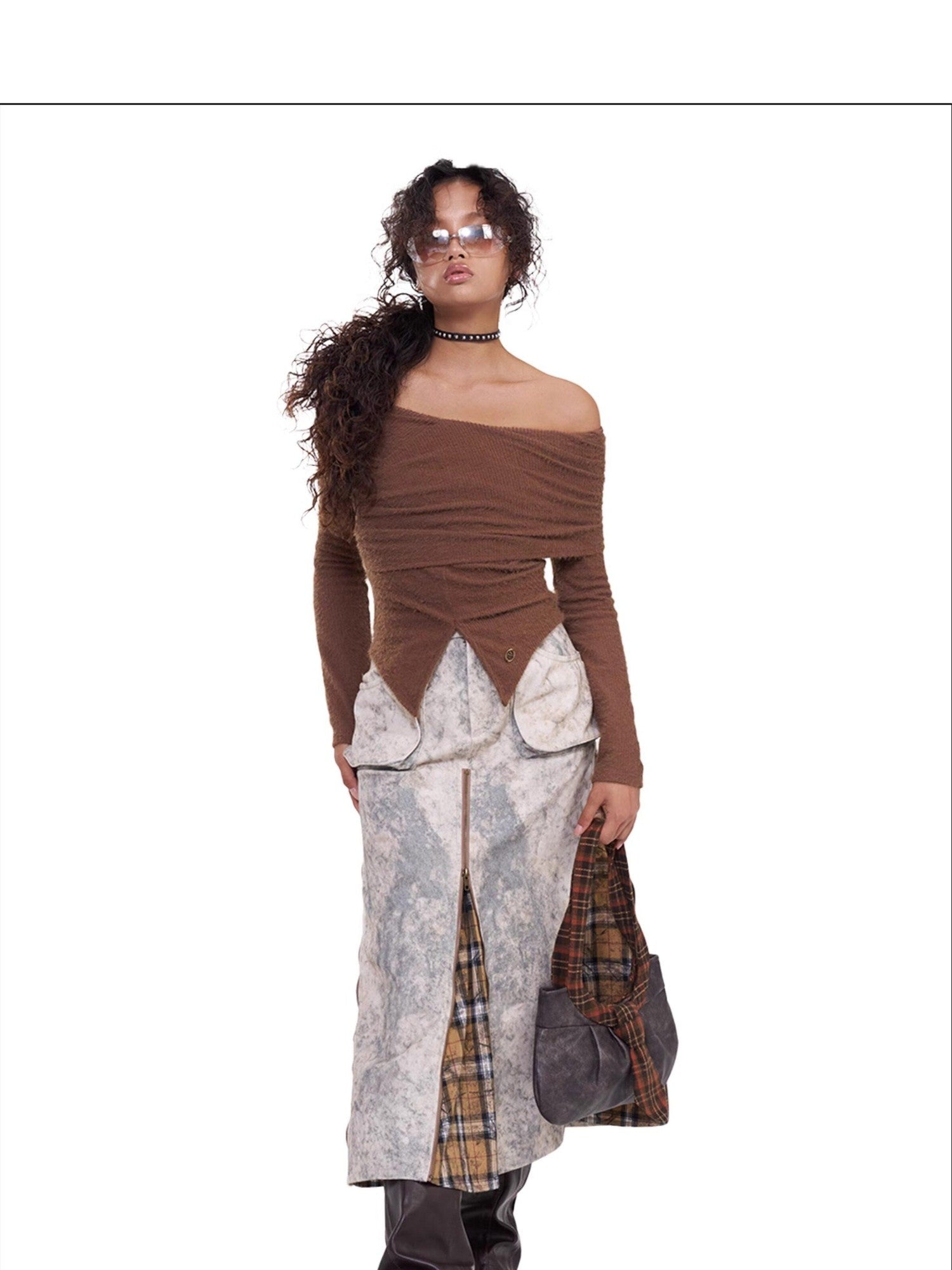 NextPassport MOF Deep Brown Cross Front Bardot Slim Fit Women's Other Fabric Long Sleeve T-shirts