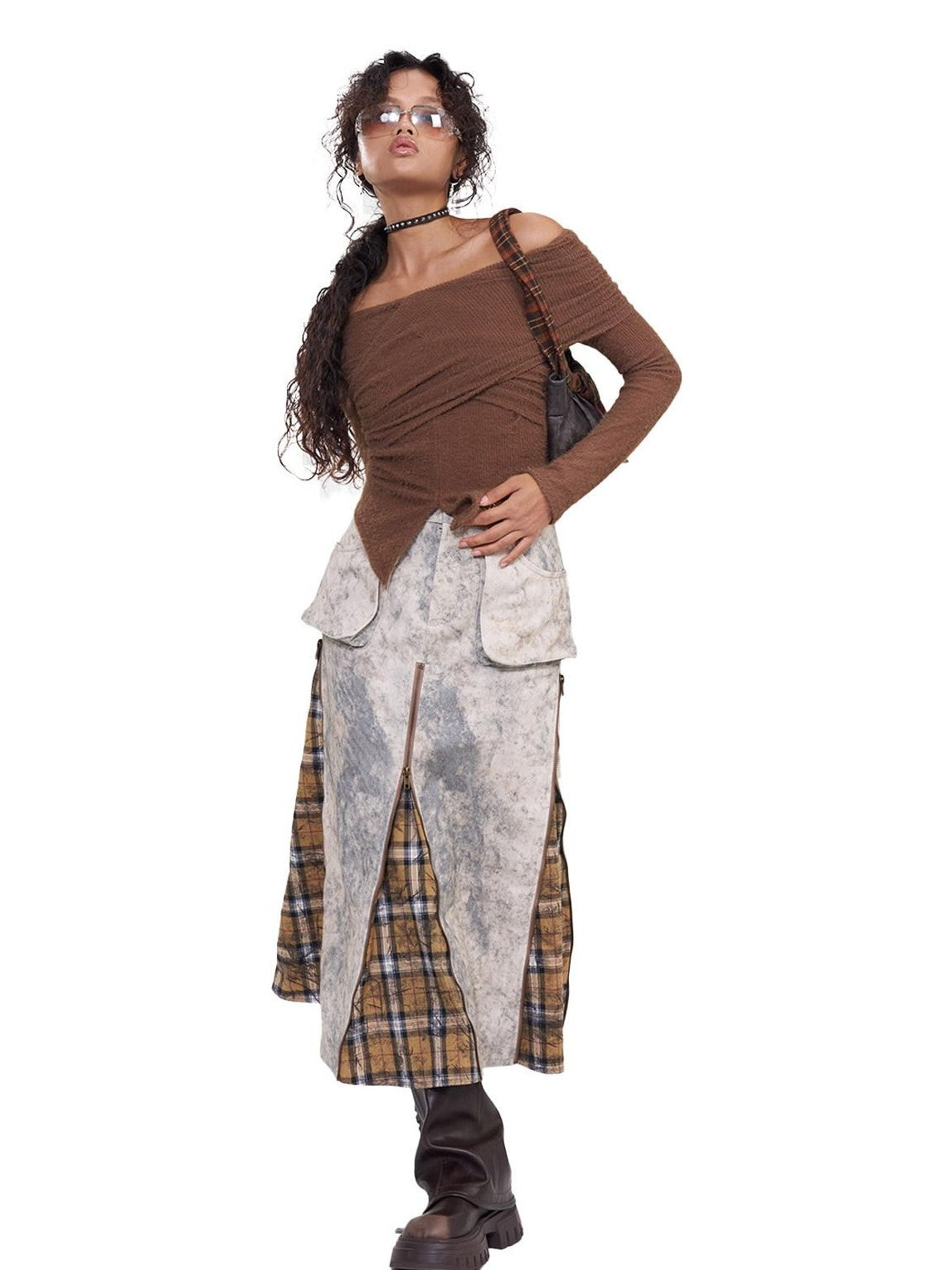 NextPassport MOF Deep Brown Cross Front Bardot Slim Fit Women's Other Fabric Long Sleeve T-shirts