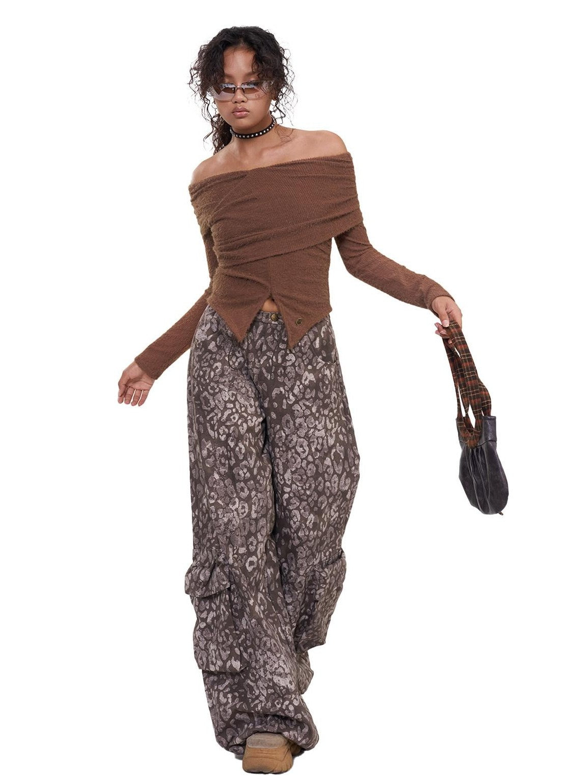 NextPassport MOF Deep Brown Cross Front Bardot Slim Fit Women's Other Fabric Long Sleeve T-shirts