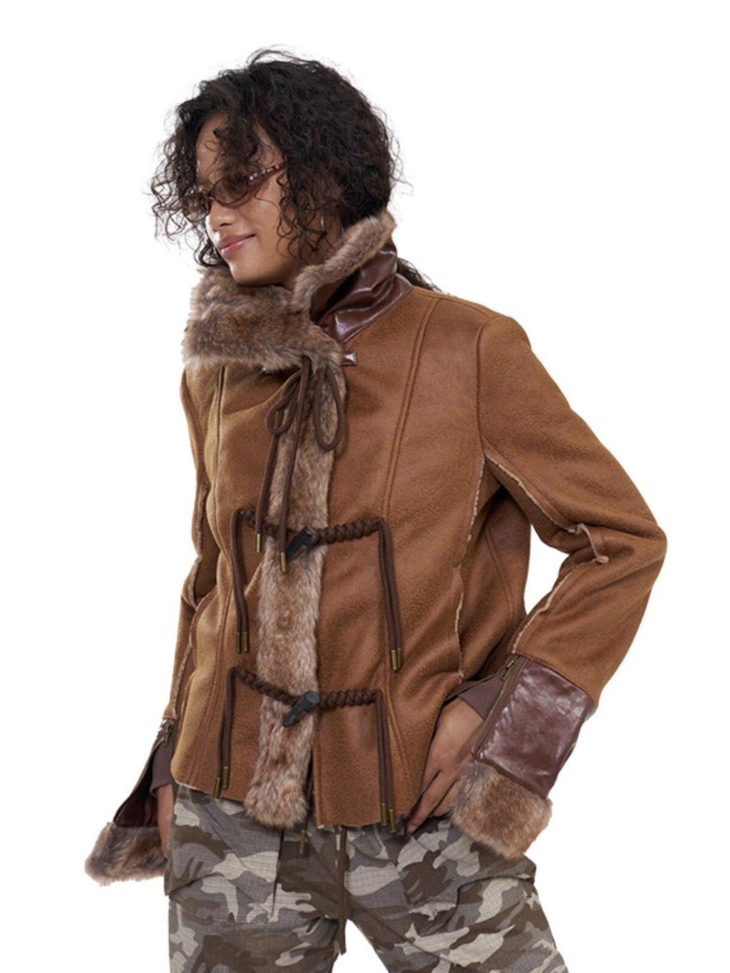 NextPassport MOF Deep Brown Twist Rope Button Shearling Lapel Cropped Women's Leather Jackets