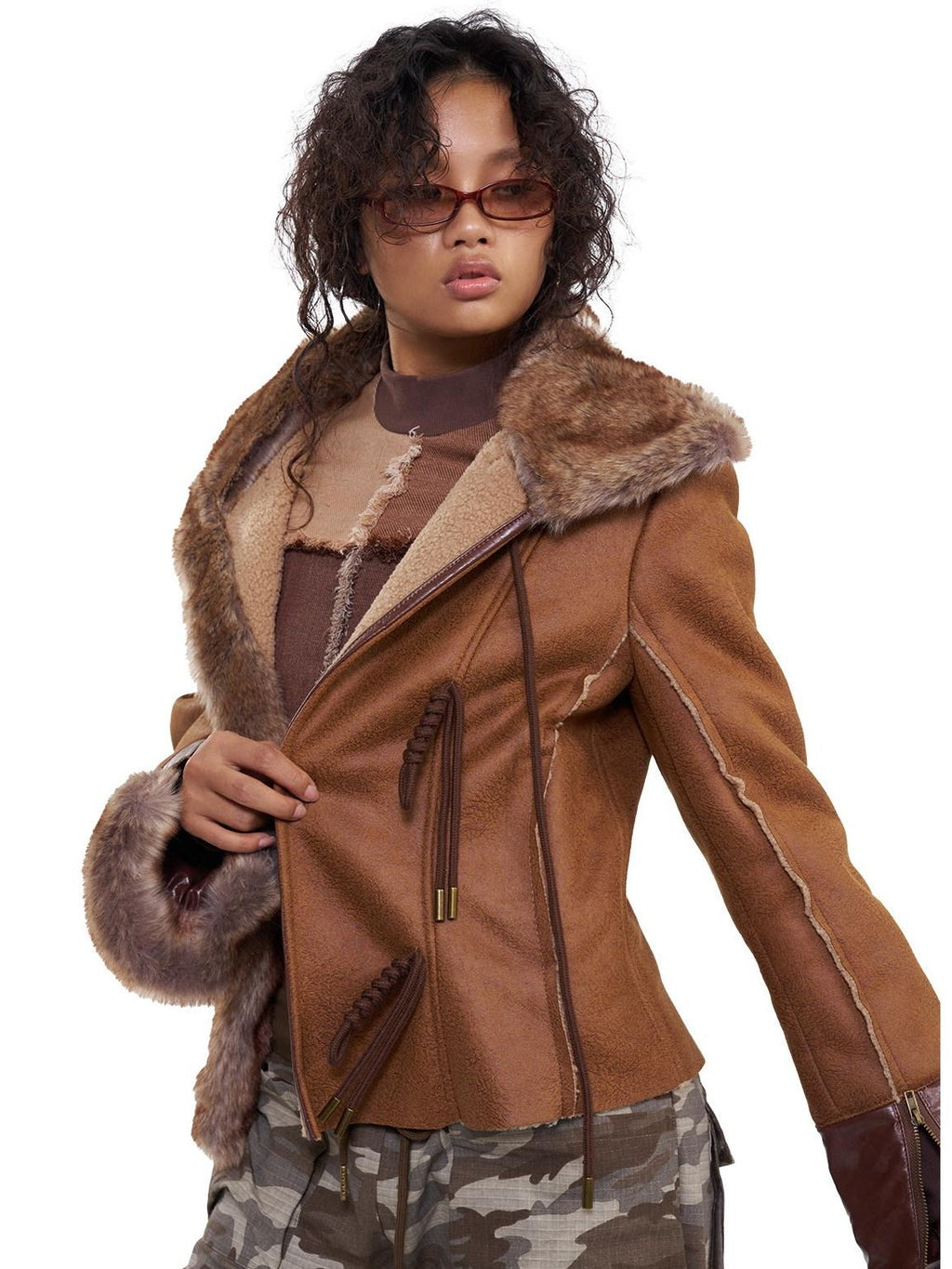 NextPassport MOF Deep Brown Twist Rope Button Shearling Lapel Cropped Women's Leather Jackets