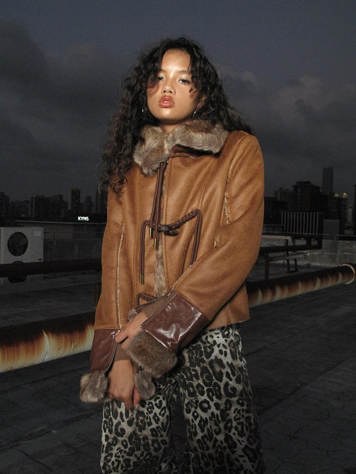 NextPassport MOF Deep Brown Twist Rope Button Shearling Lapel Cropped Women's Leather Jackets