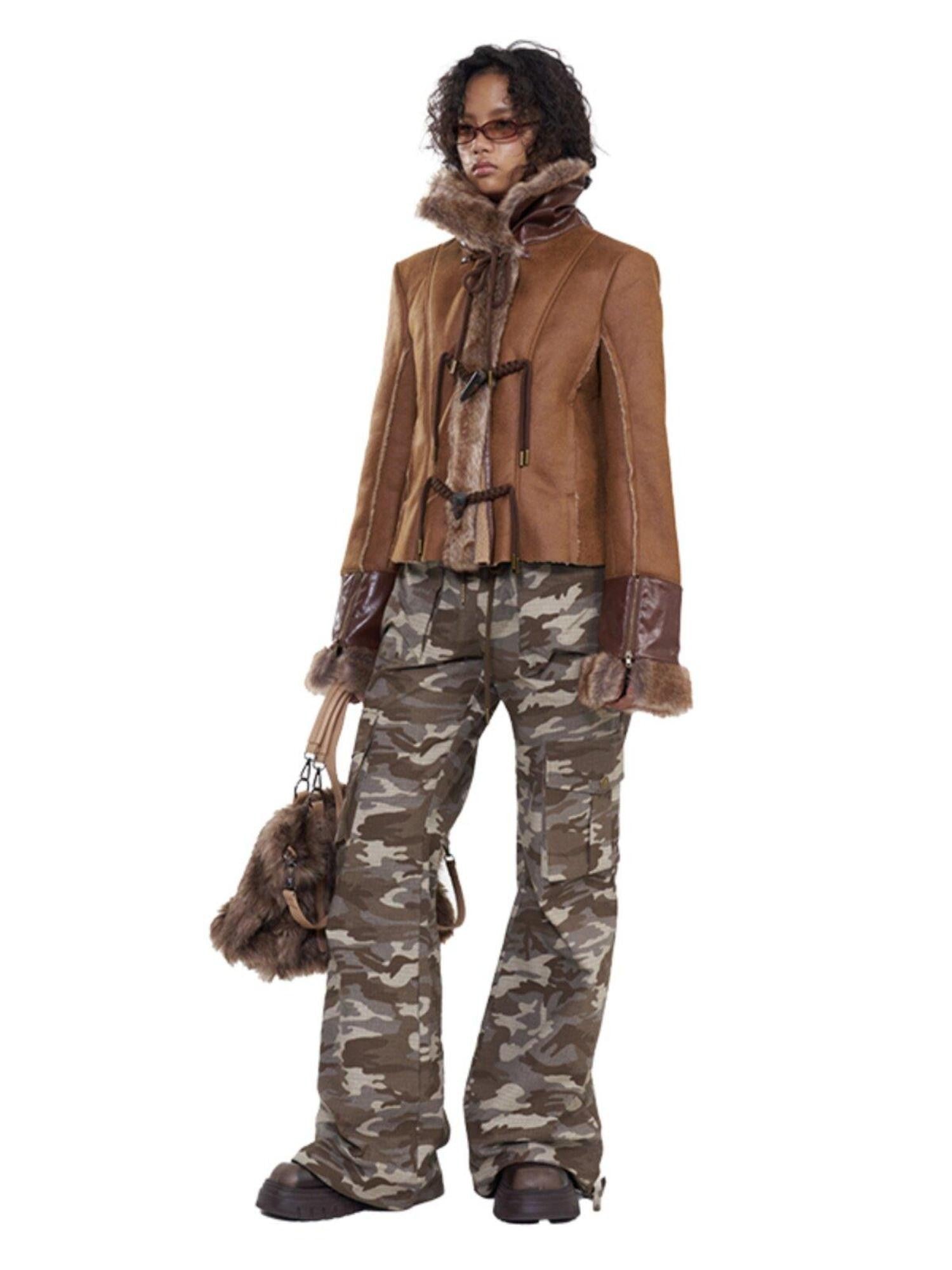 NextPassport MOF Deep Brown Twist Rope Button Shearling Lapel Cropped Women's Leather Jackets