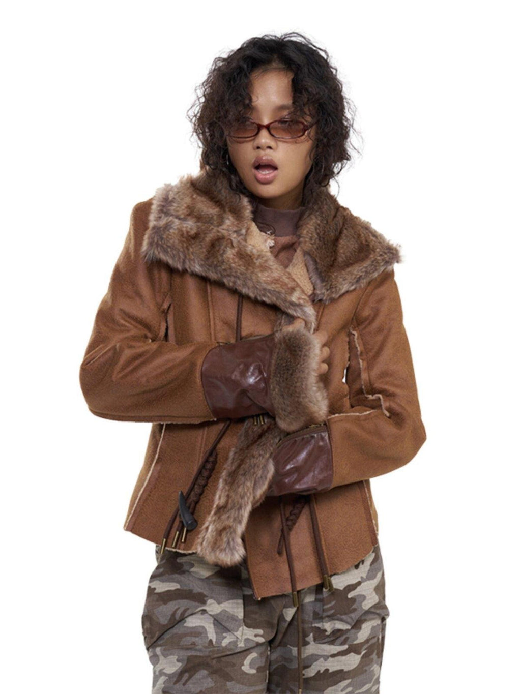 NextPassport MOF Deep Brown Twist Rope Button Shearling Lapel Cropped Women's Leather Jackets