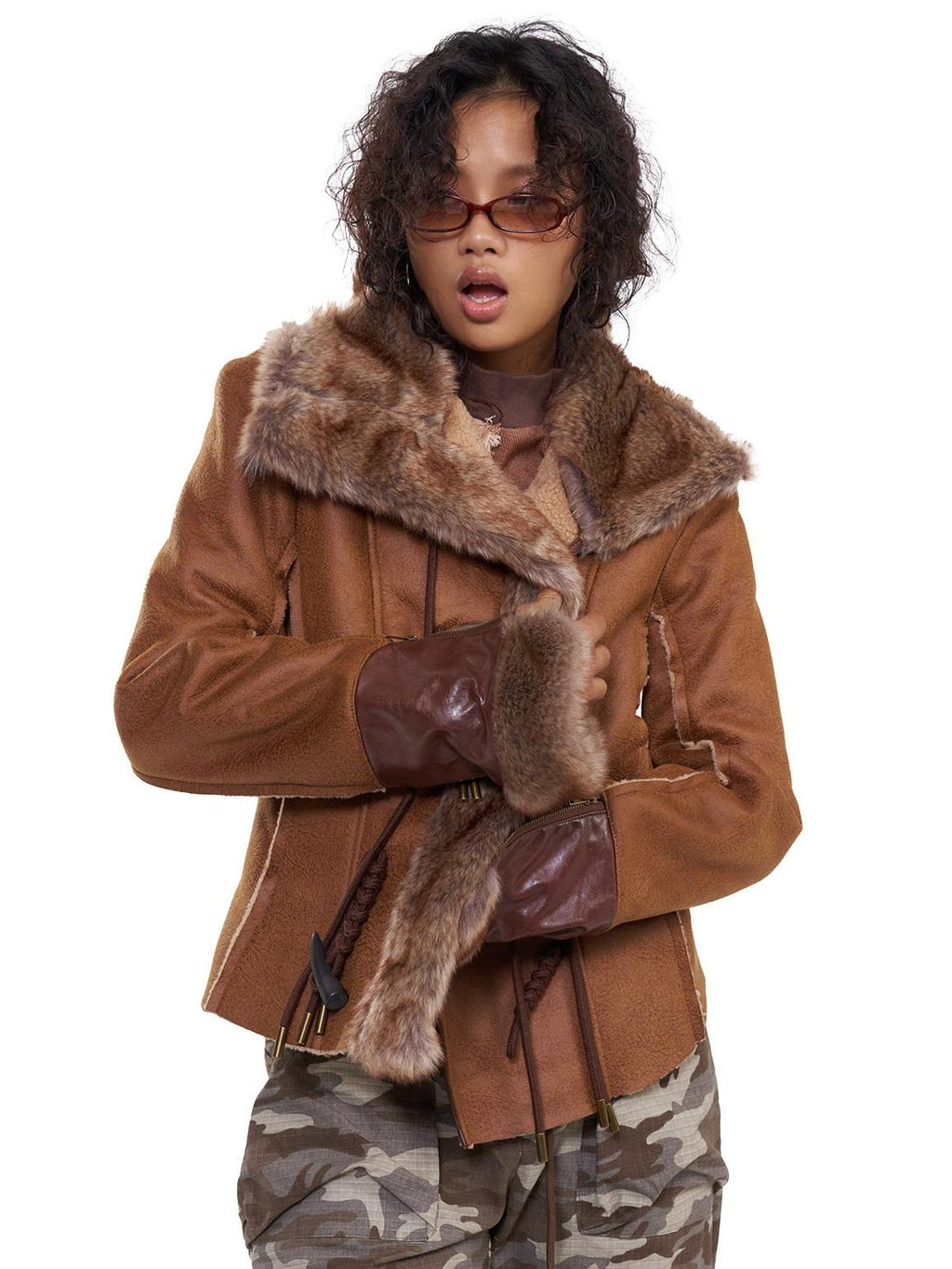 NextPassport MOF Deep Brown Twist Rope Button Shearling Lapel Cropped Women's Leather Jackets
