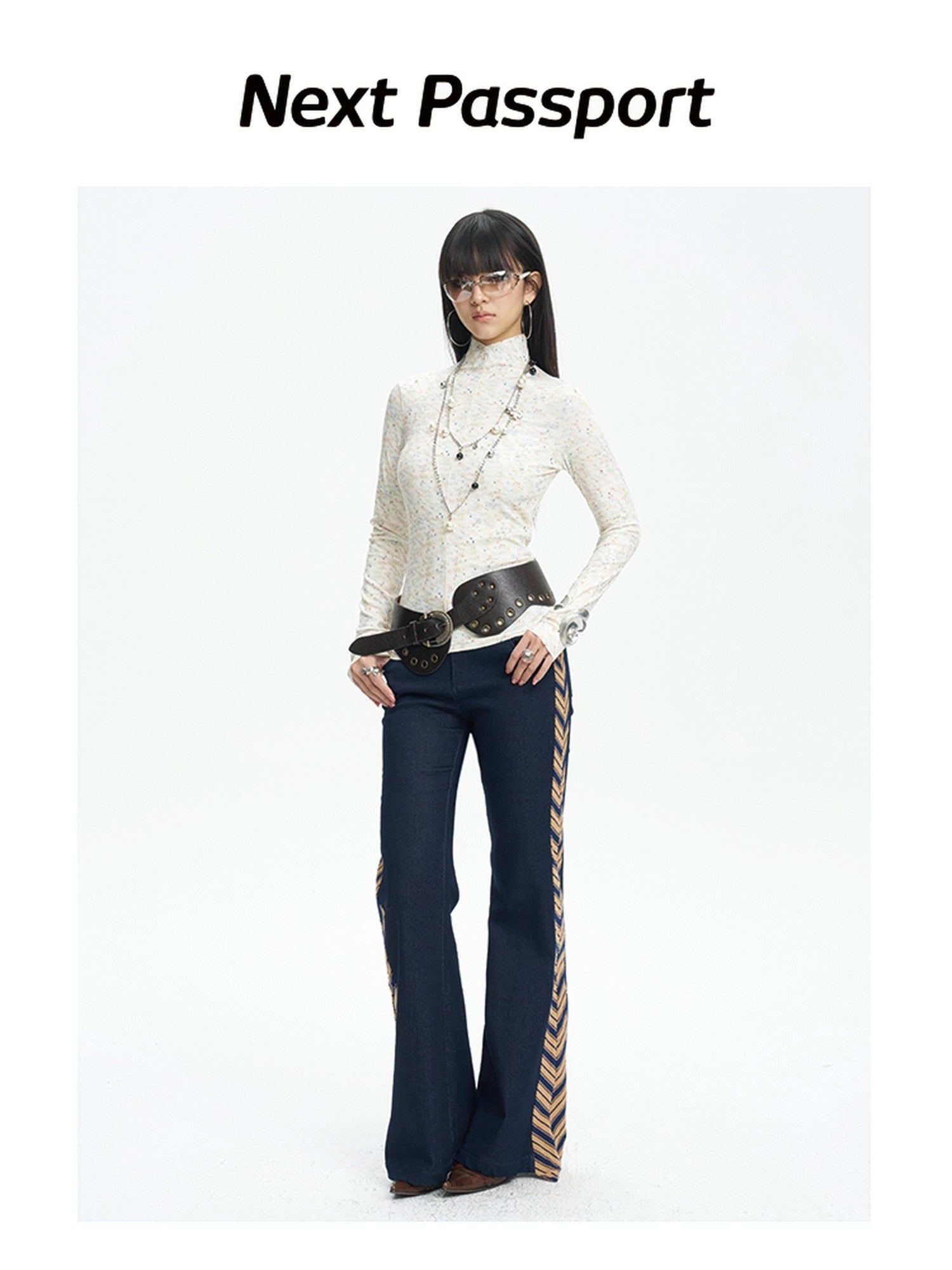 NextPassport MOF Denim Blue Patchwork Striped Tie Women's Relaxed Wide Leg Flare Pants