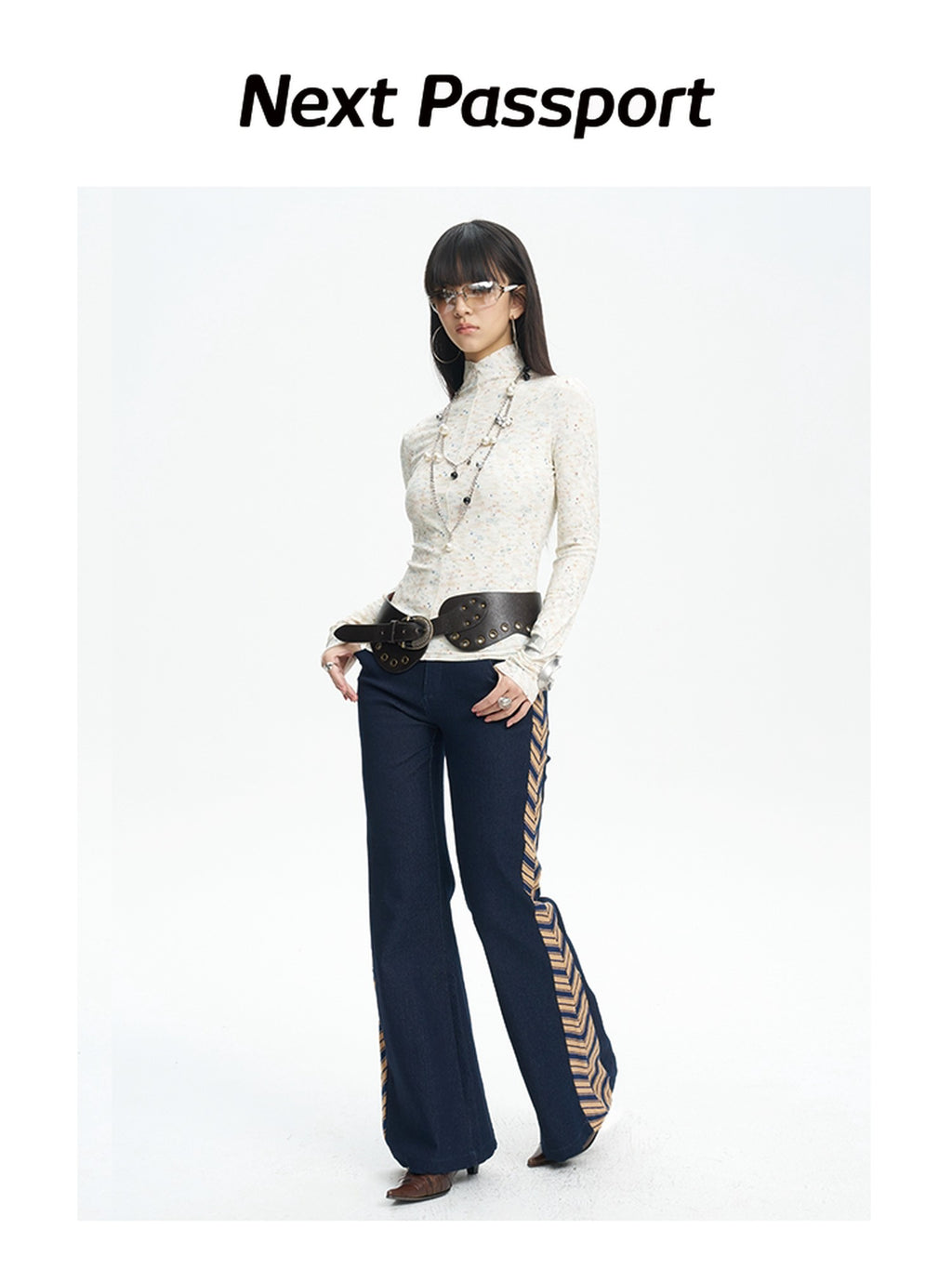 NextPassport MOF Denim Blue Patchwork Striped Tie Women's Relaxed Wide Leg Flare Pants