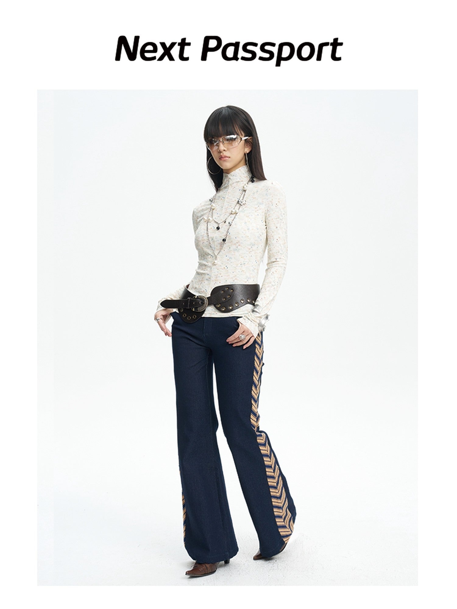 NextPassport MOF Denim Blue Patchwork Striped Tie Women's Relaxed Wide Leg Flare Pants