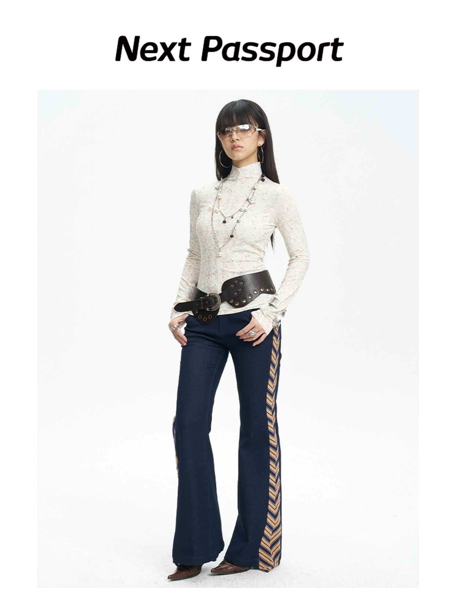 NextPassport MOF Denim Blue Patchwork Striped Tie Women's Relaxed Wide Leg Flare Pants