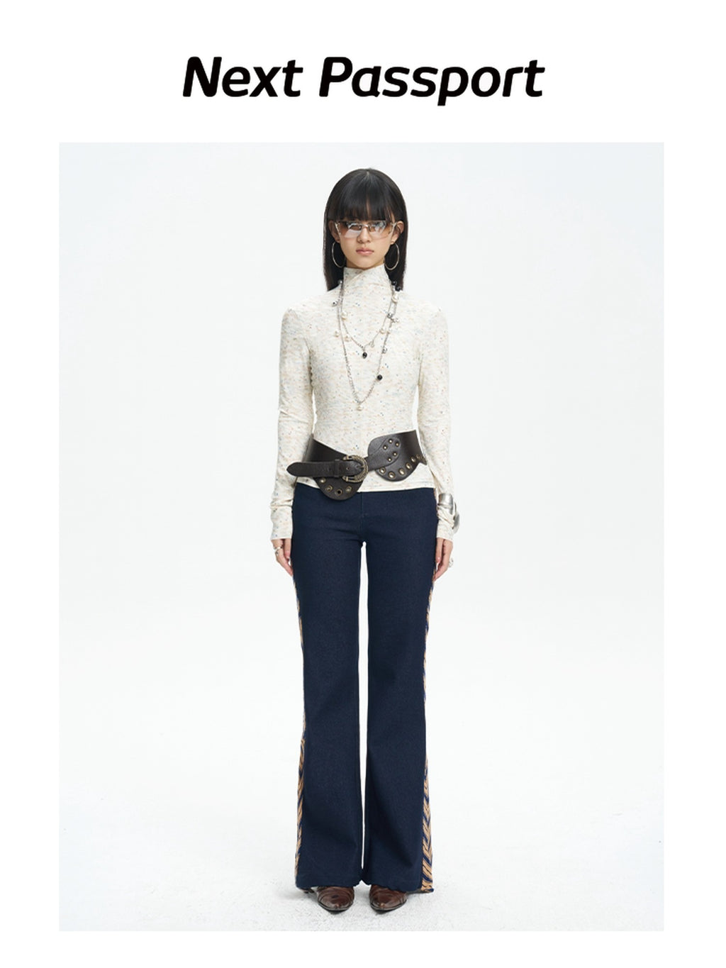 NextPassport MOF Denim Blue Patchwork Striped Tie Women's Relaxed Wide Leg Flare Pants
